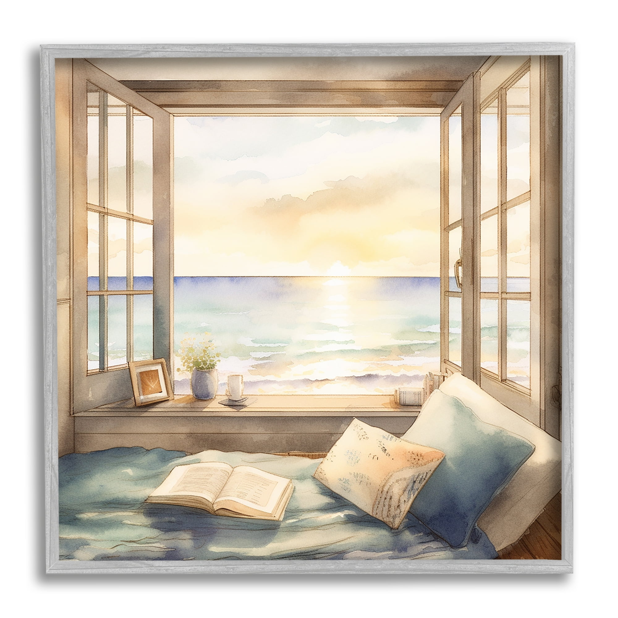 Stupell Industries Beach Window View Landscape Painting Gray Framed Art Print Wall Art, 24 x 24