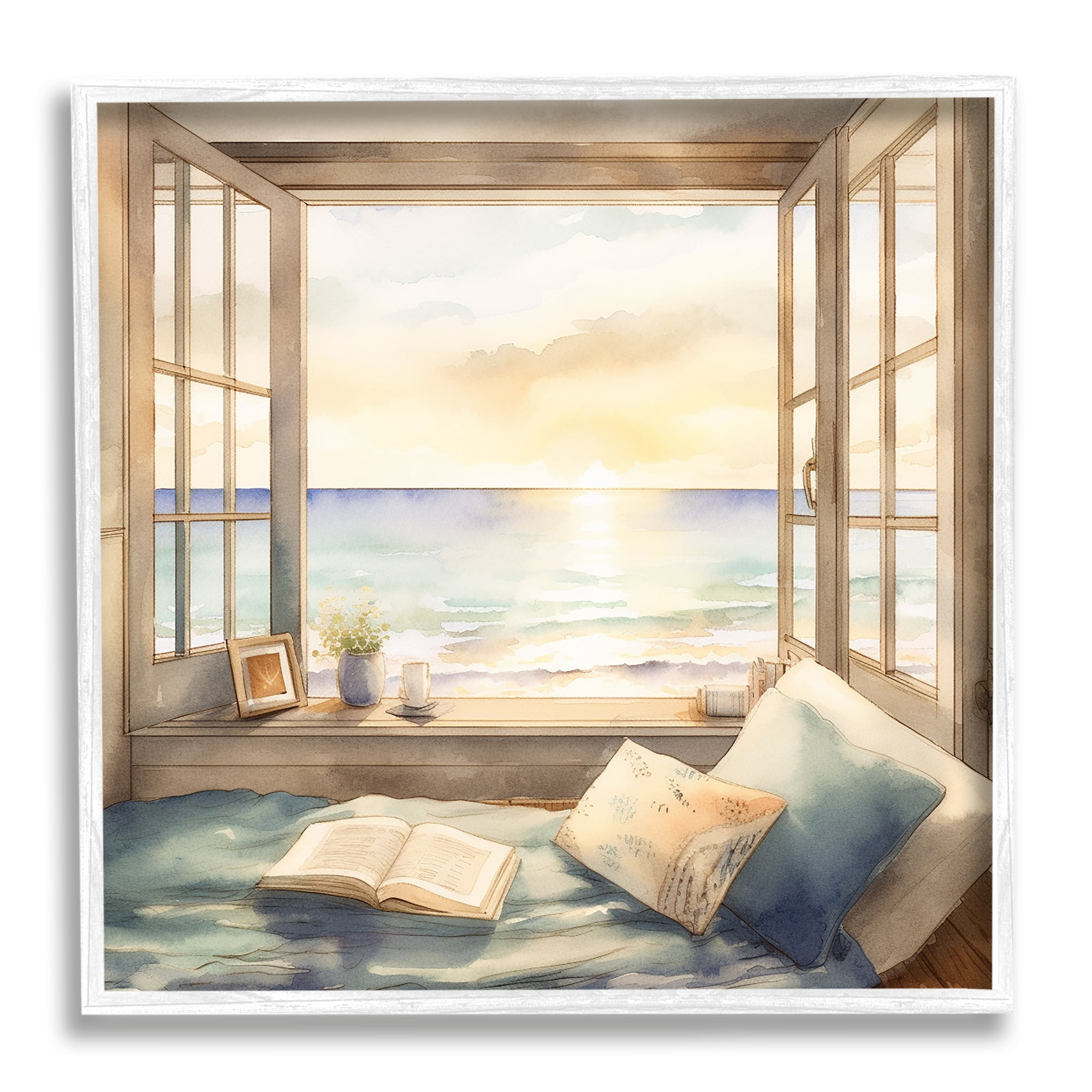 Stupell Industries Beach Window View Landscape Painting White Framed Art Print Wall Art, 24 x 24