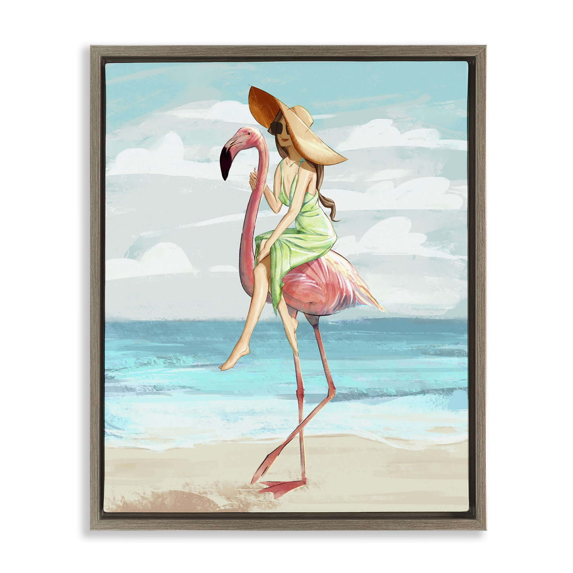 Stupell Industries Beach Woman Riding Pink Flamingo Animals & Insects Painting Brown Floater Framed Canvas Art Print Wall Art, 17 x 21