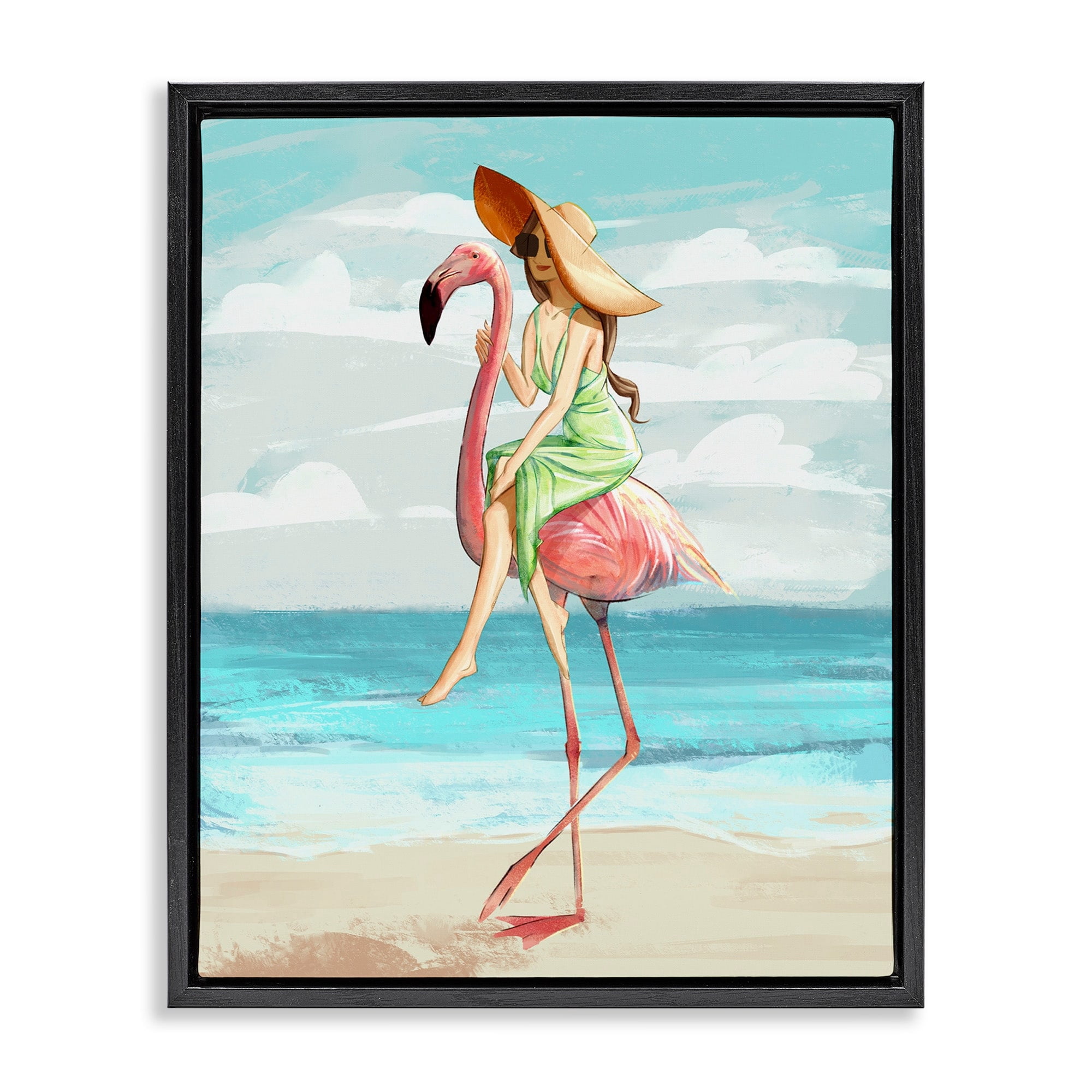 Stupell Industries Beach Woman Riding Pink Flamingo Tall Tropical Bird Jet Black Framed Floating Canvas Wall Art, 24x30, by Ziwei Li