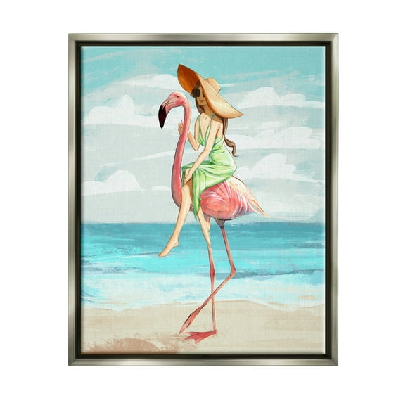 Stupell Industries Beach Woman Riding Pink Flamingo Tall Tropical Bird Luster Gray Framed Floating Canvas Wall Art, 24x30, by Ziwei Li