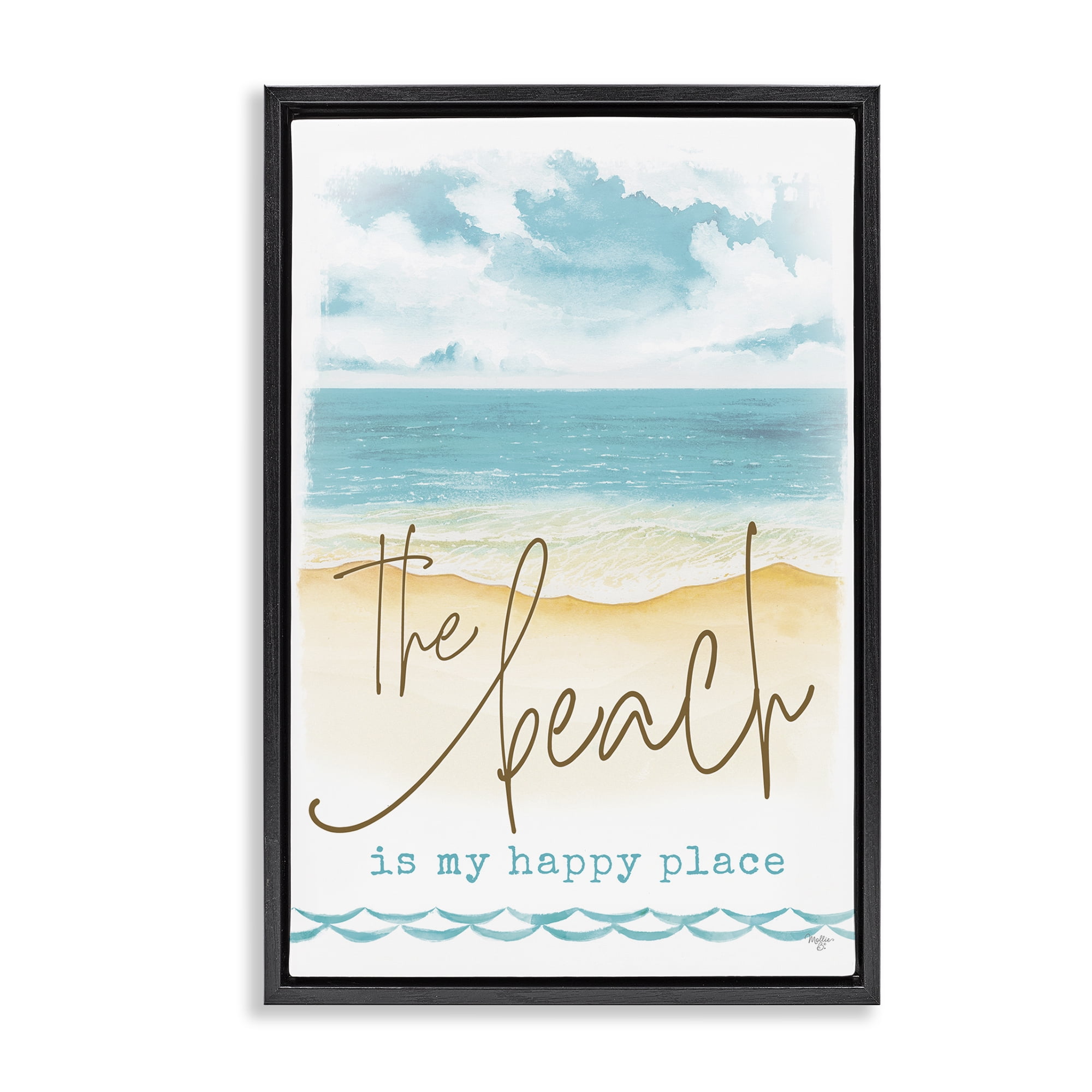 Stupell Industries Beach is Happy Place Text & Numbers Painting Black Floater Framed Canvas Art Print Wall Art, 21 x 31