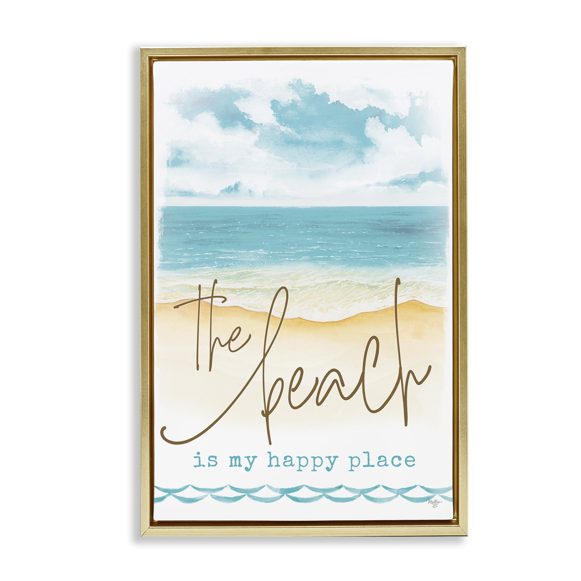 Stupell Industries Beach is Happy Place Text & Numbers Painting Gold Floater Framed Canvas Art Print Wall Art, 21 x 31
