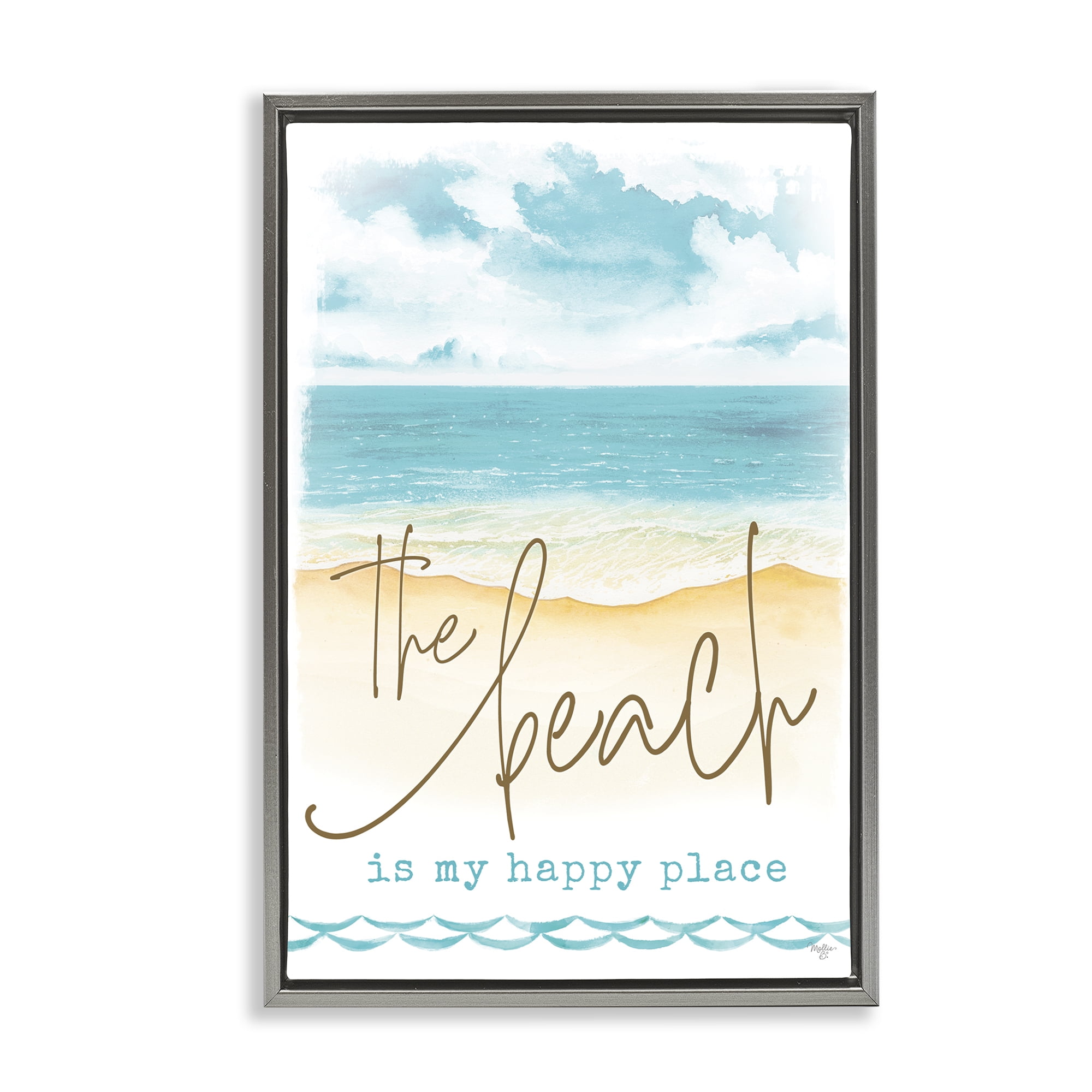 Stupell Industries Beach is Happy Place Text & Numbers Painting Gray Floater Framed Canvas Art Print Wall Art, 17 x 25