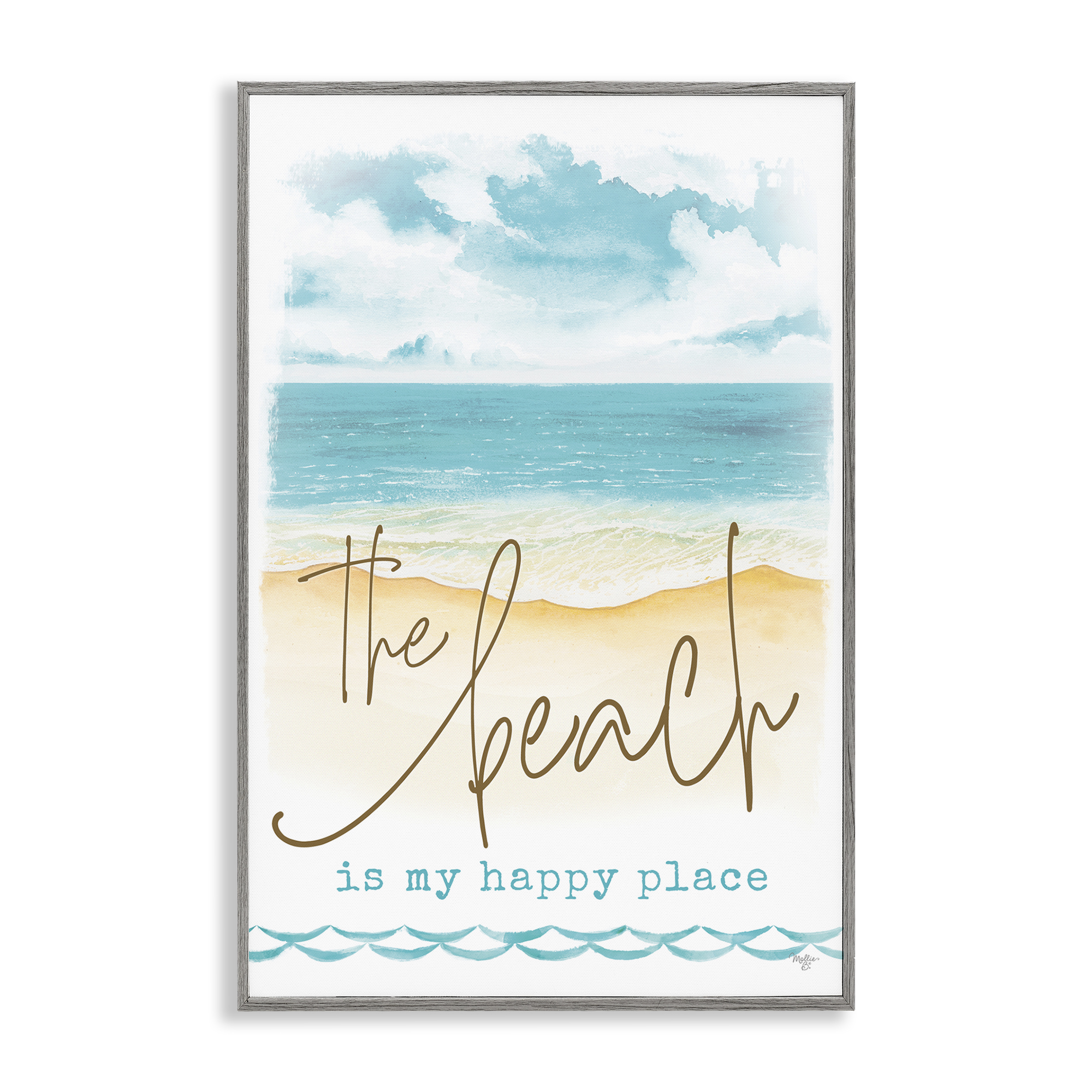 Stupell Industries Beach is Happy Place Text & Numbers Painting Gray Framed Art Print Wall Art, 16 x 24