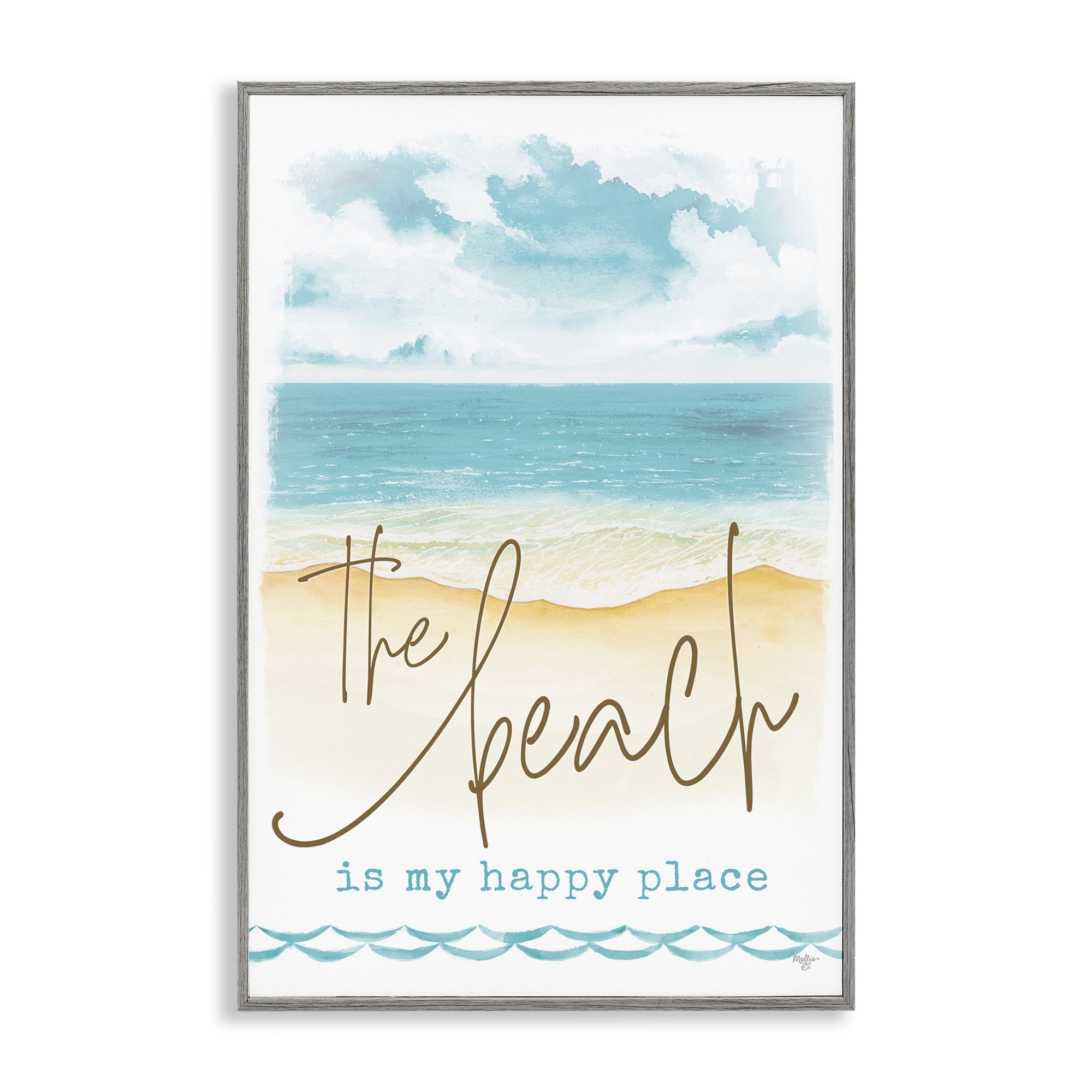 Stupell Industries Beach is Happy Place Text & Numbers Painting Gray Framed Art Print Wall Art, 20 x 30