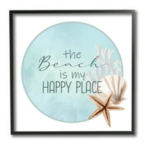 Stupell Industries Beach is my Happy Place Sentiment Shell Starfish Landscape Painting Black Framed Art Print Wall Art, 12 x 12