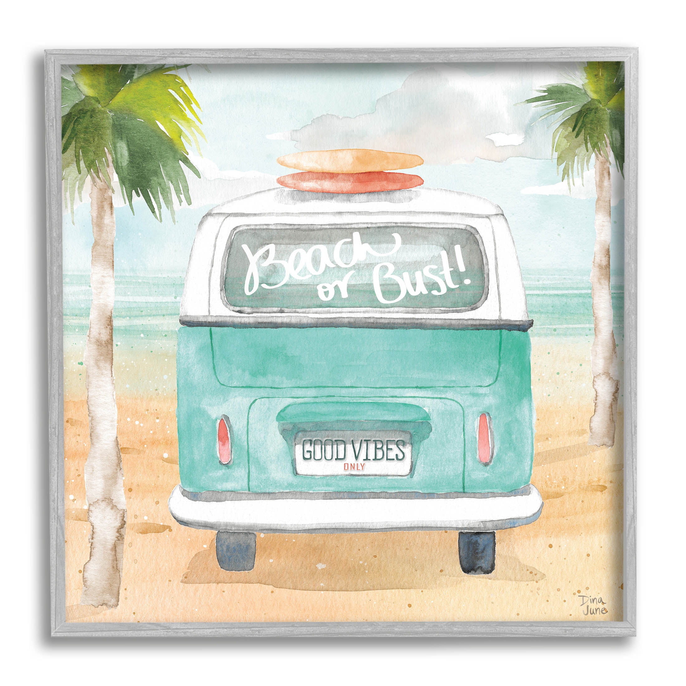 Stupell Industries Beach or Bust Blue Surf Cruiser Painting Gray Framed Art Print Wall Art, Design by Dina June