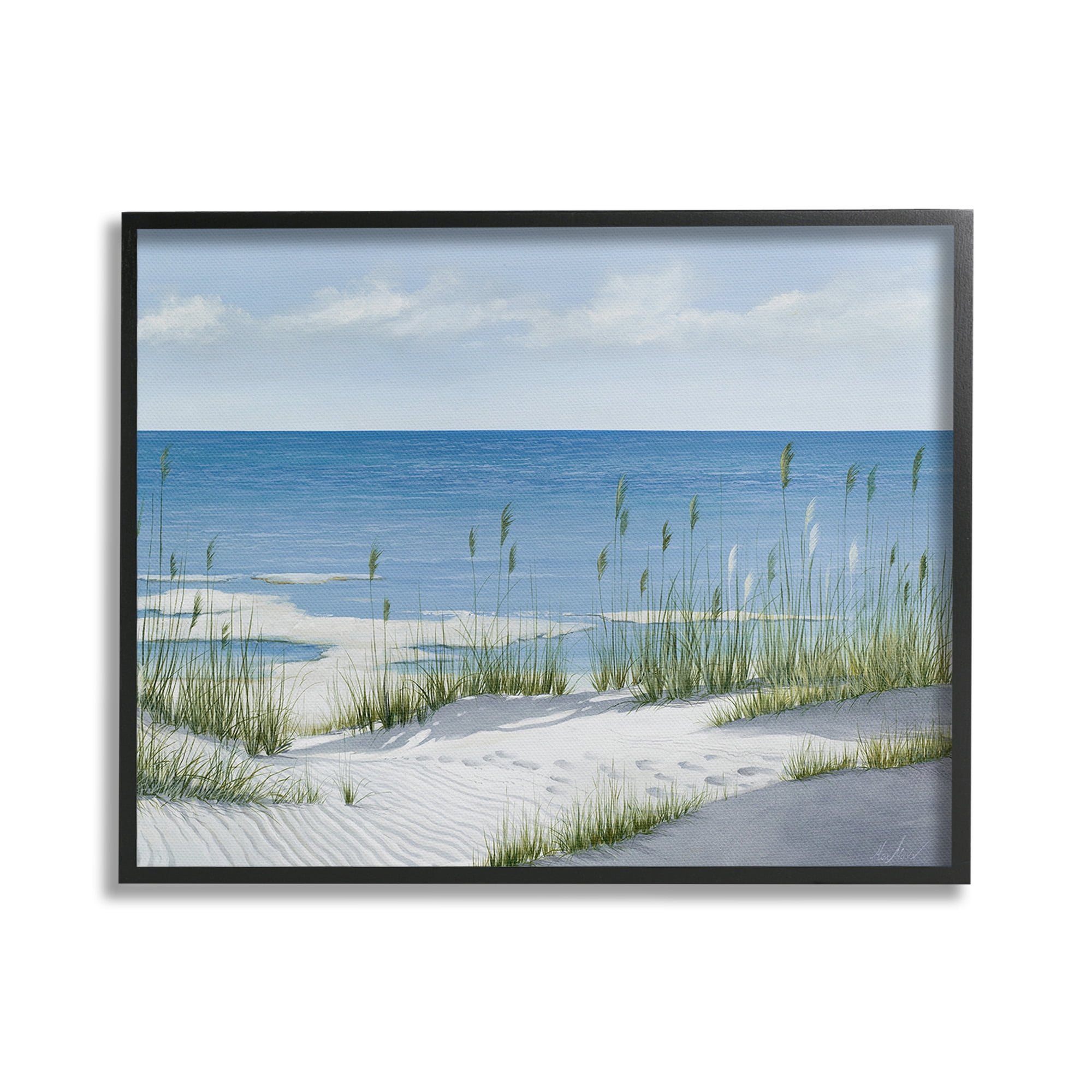 Stupell Industries Beach with White Sand Landscape Painting Black Framed Art Print Wall Art, 20 x 16