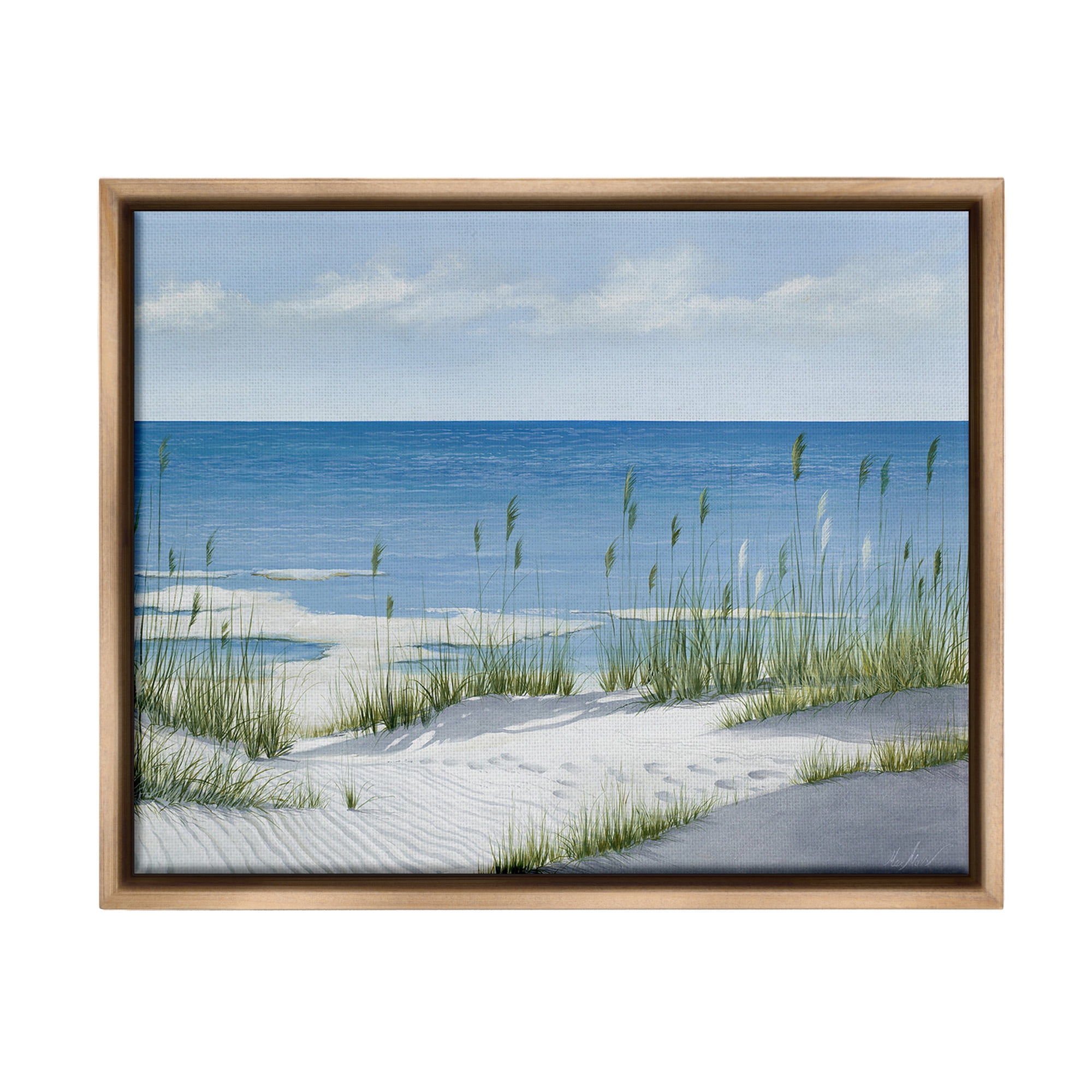 Stupell Industries Beach with White Sand Landscape Painting Brown Floater Framed Canvas Art Print Wall Art, 31 x 25