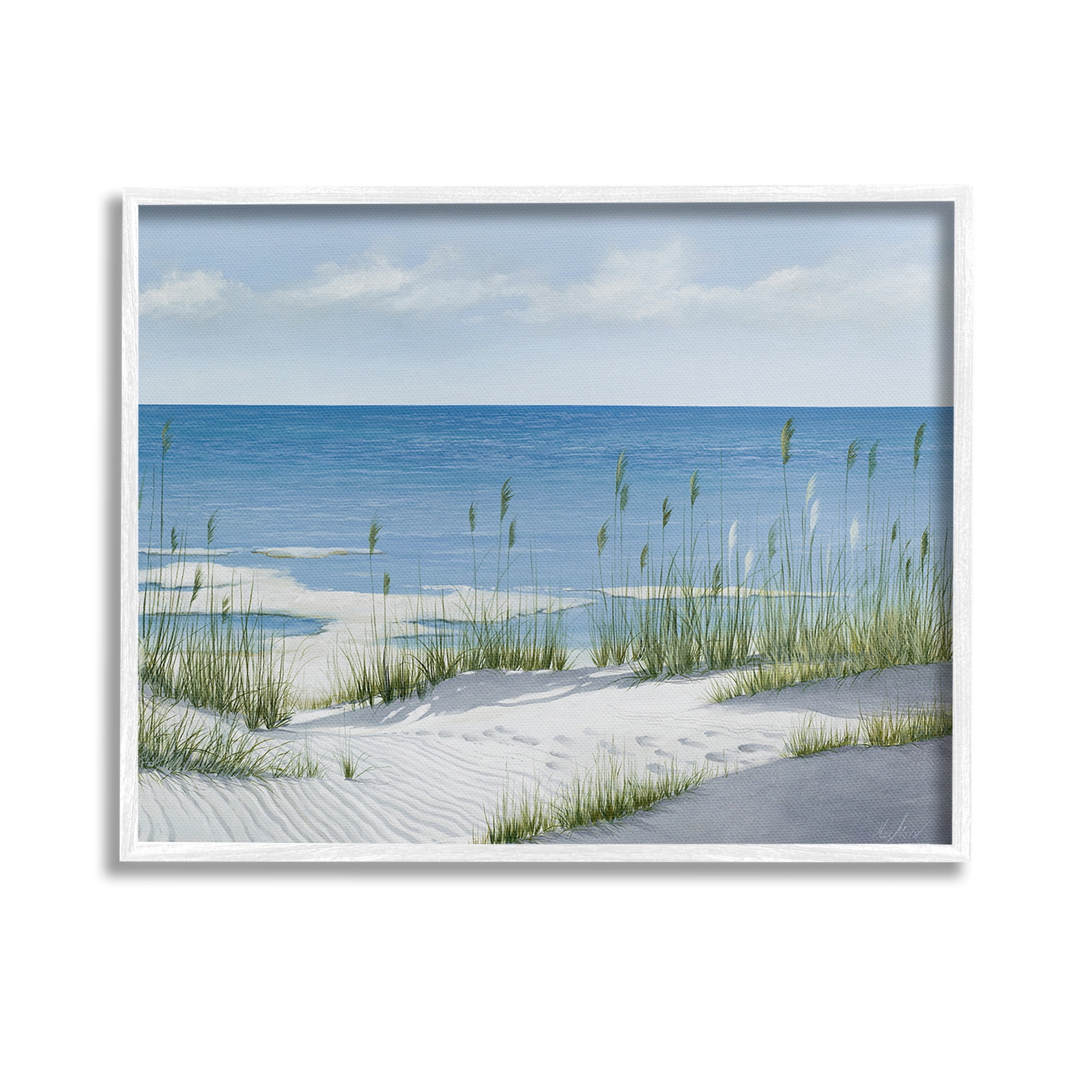 Stupell Industries Beach with White Sand Landscape Painting White Framed Art Print Wall Art, 14 x 11