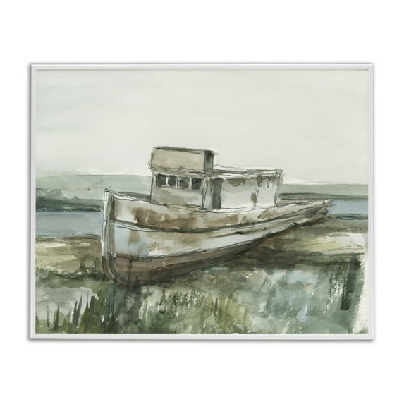 Stupell Industries Beached Fishing Boat White Framed Giclee Art design by Ethan Harper, 11 x 14