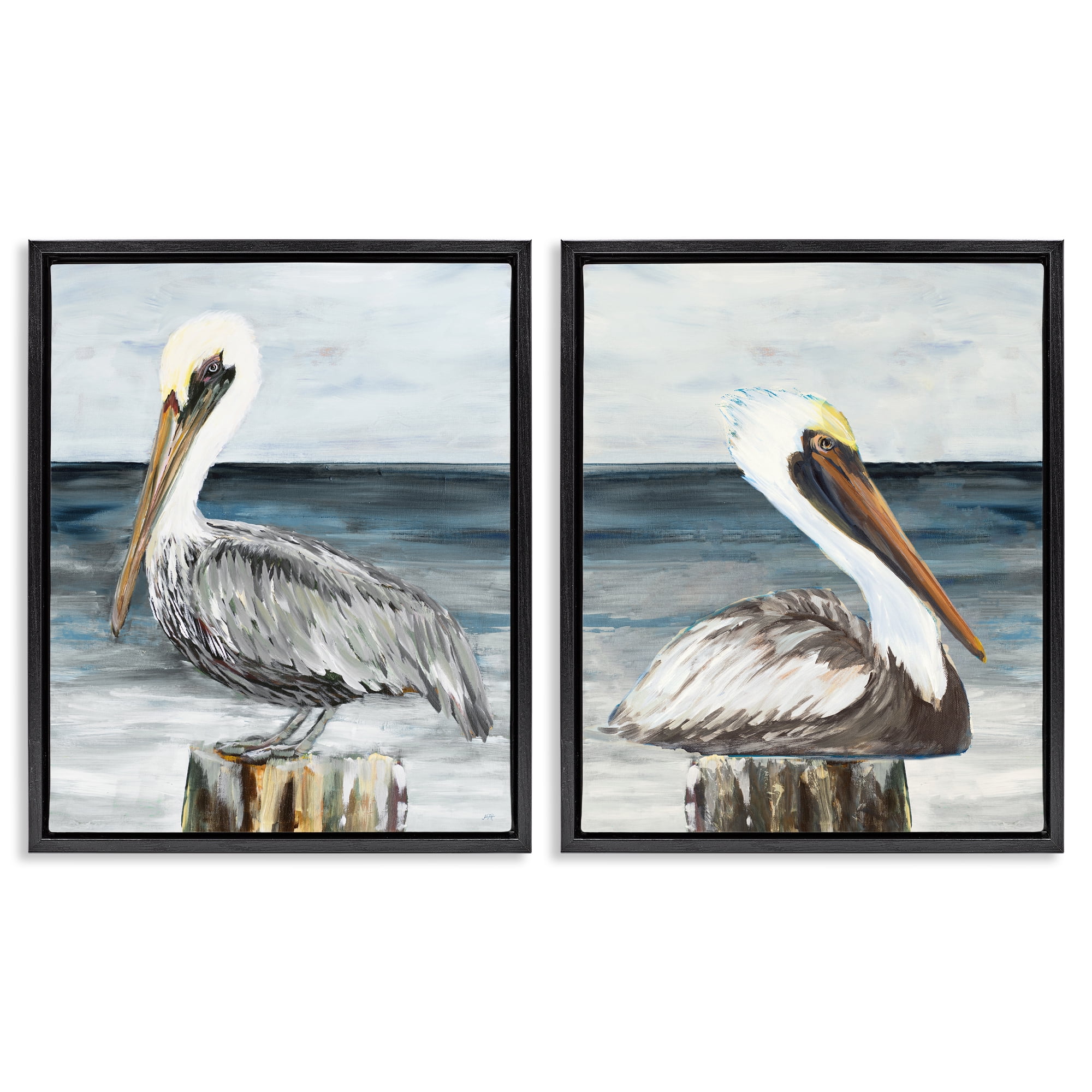 Stupell Industries Beachfront Pelican Log Animals Painting Black Floater Framed Canvas Art Print Wall Art, 31 x 25, Set of 2