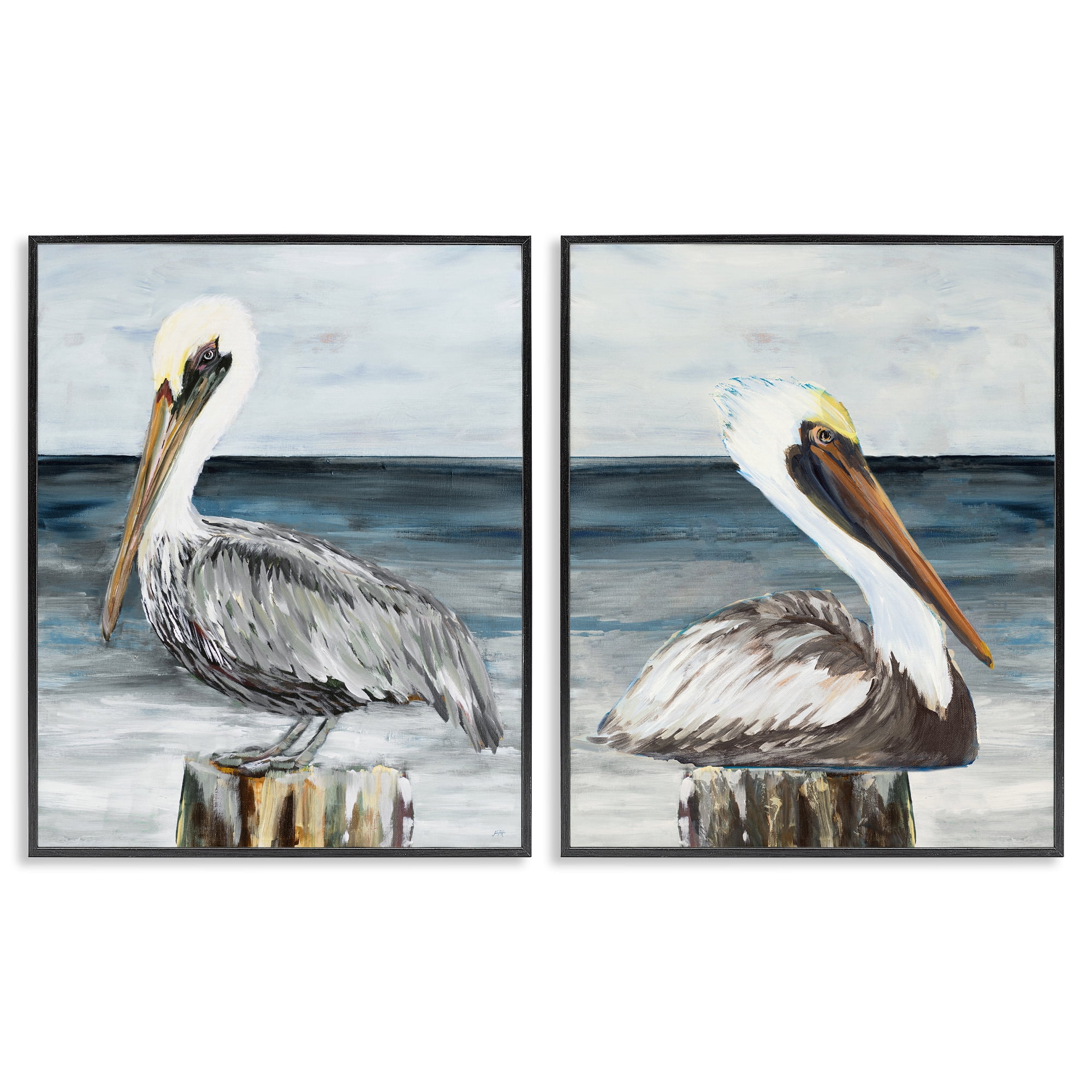 Stupell Industries Beachfront Pelican Log Animals Painting Black Framed Art Print Wall Art, 16 x 20, Set of 2