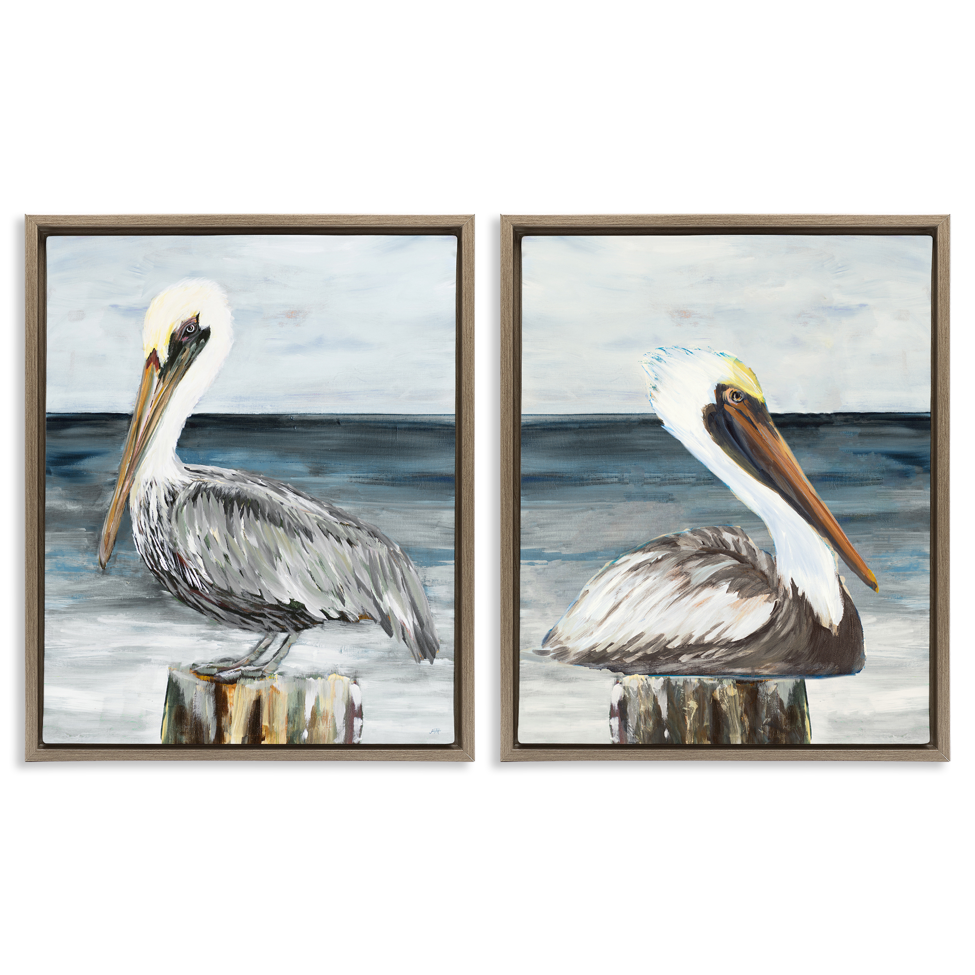Stupell Industries Beachfront Pelican Log Animals Painting Brown Floater Framed Canvas Art Print Wall Art, 31 x 25, Set of 2
