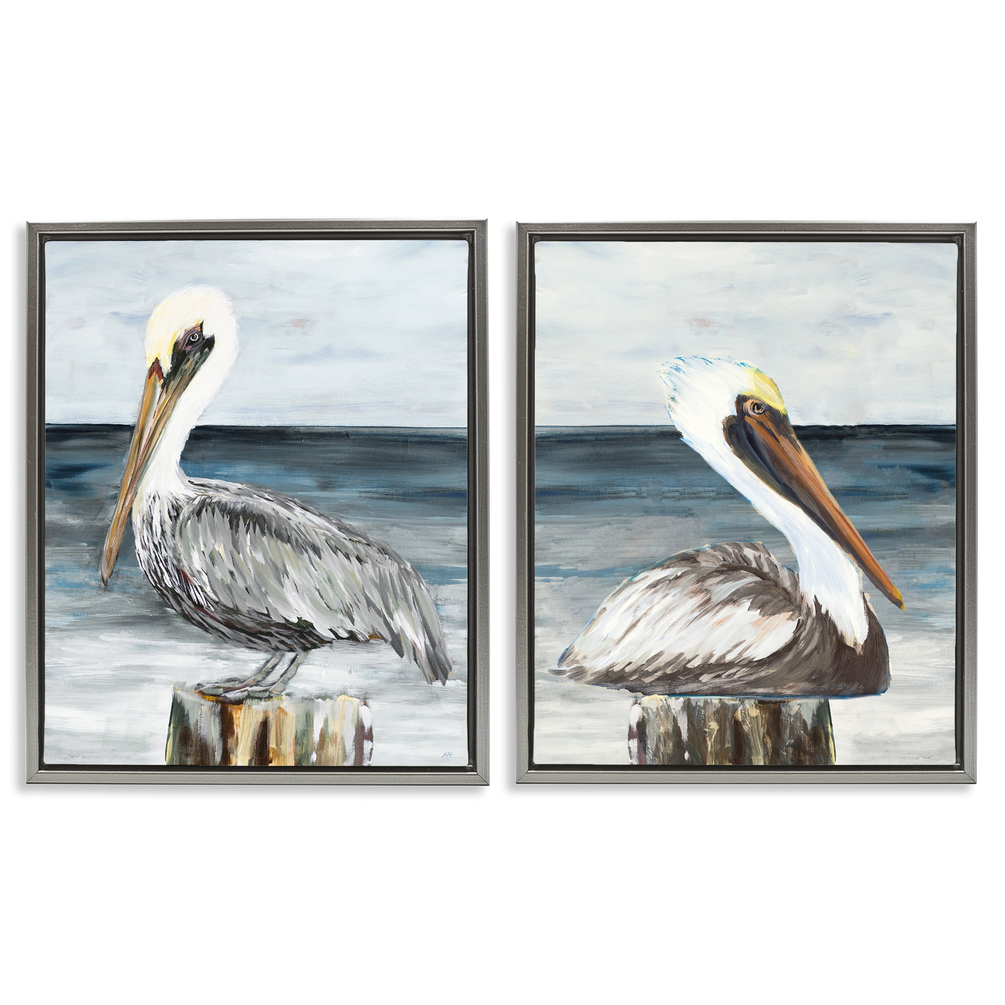 Stupell Industries Beachfront Pelican Log Animals Painting Gray Floater Framed Canvas Art Print Wall Art, 31 x 25, Set of 2
