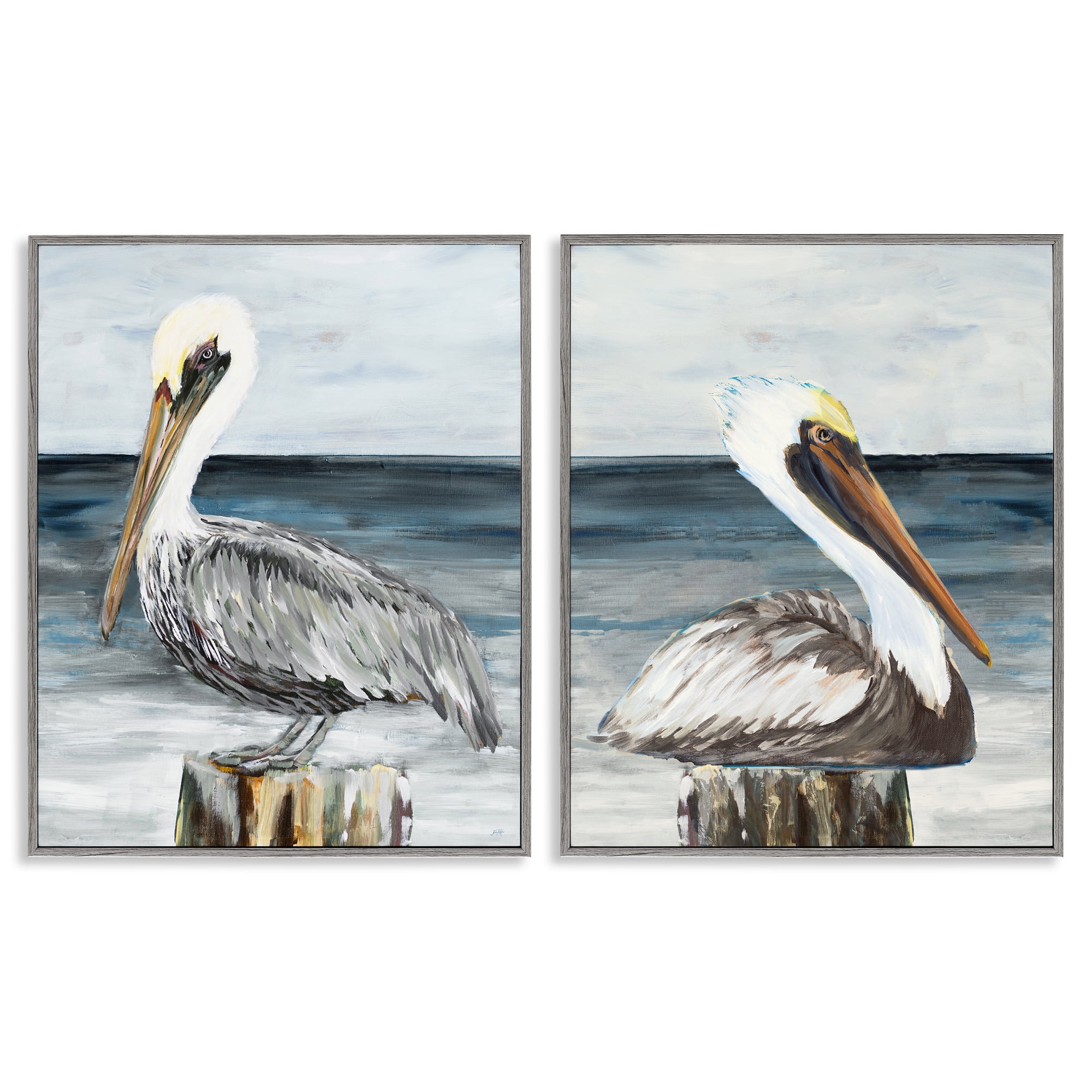 Stupell Industries Beachfront Pelican Log Animals Painting Gray Framed Art Print Wall Art, 16 x 20, Set of 2