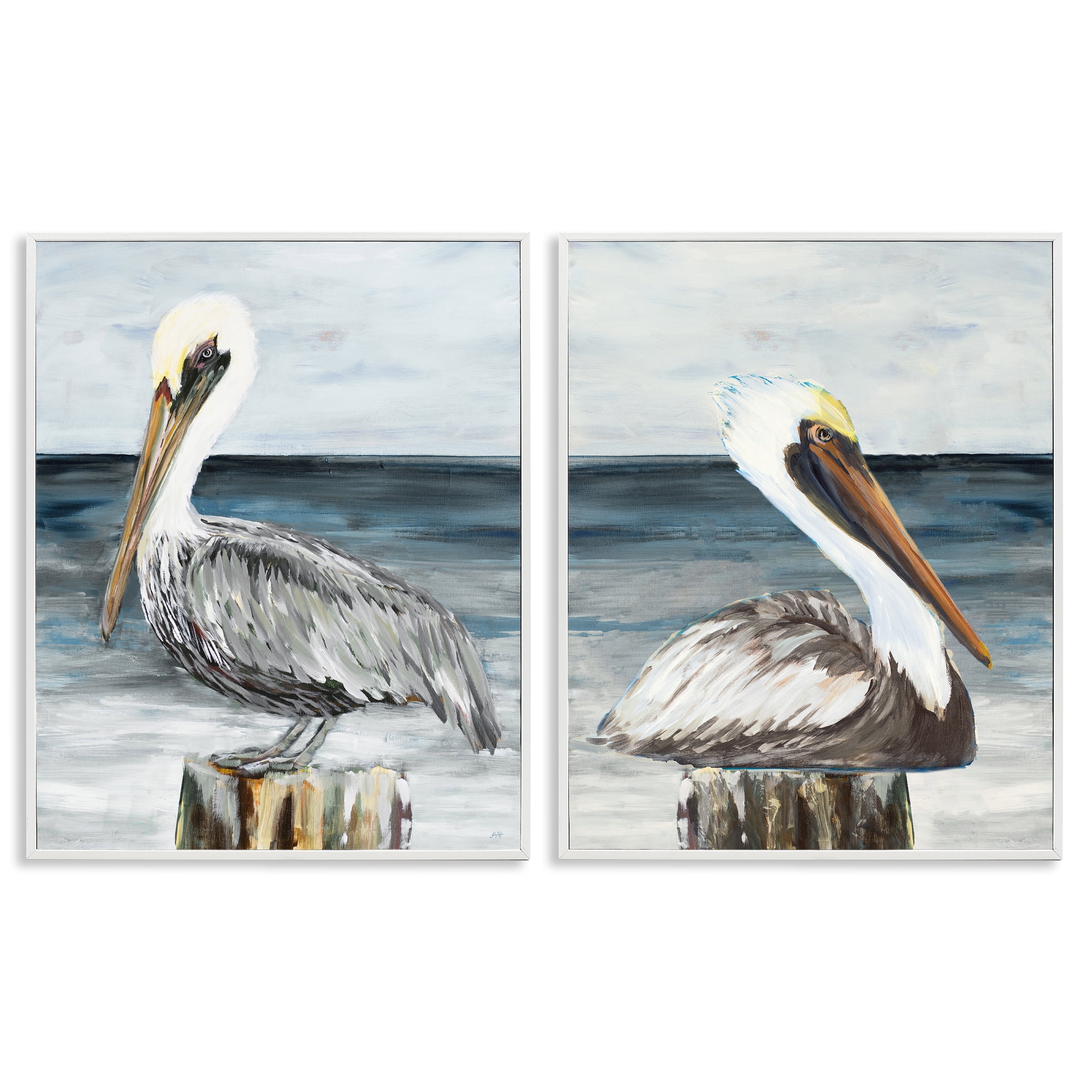 Stupell Industries Beachfront Pelican Log Animals Painting White Framed Art Print Wall Art, 11 x 14, Set of 2