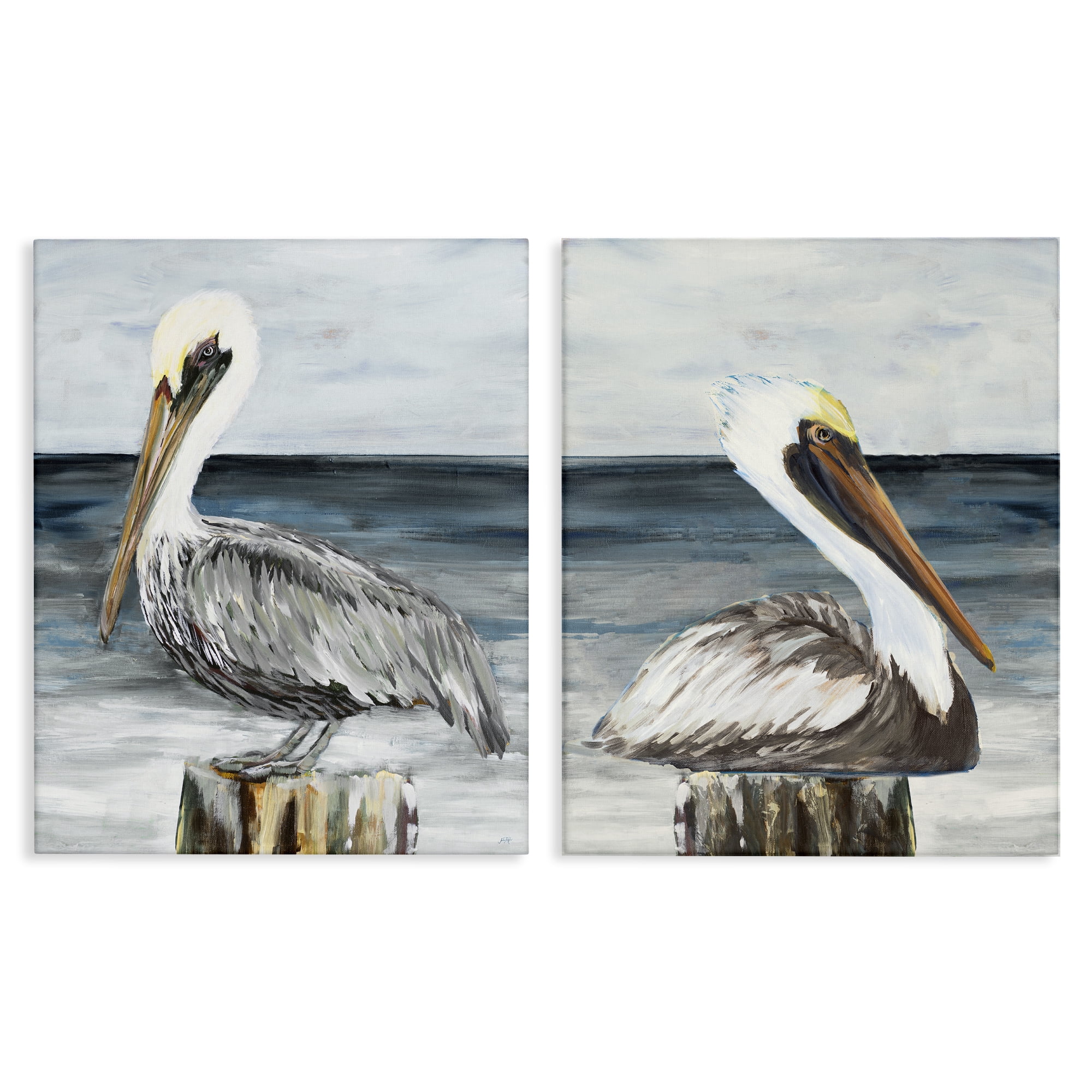 Stupell Industries Beachfront Pelican Log Animals Painting Wrapped Canvas Art Print Wall Art, 24 x 30, Set of 2