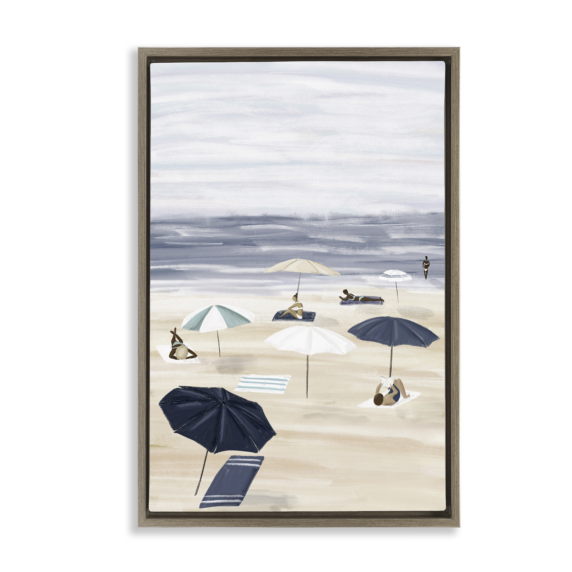 Stupell Industries Beachgoers with Umbrellas Nautical & Beach Painting Brown Floater Framed Canvas Art Print Wall Art, 21 x 31