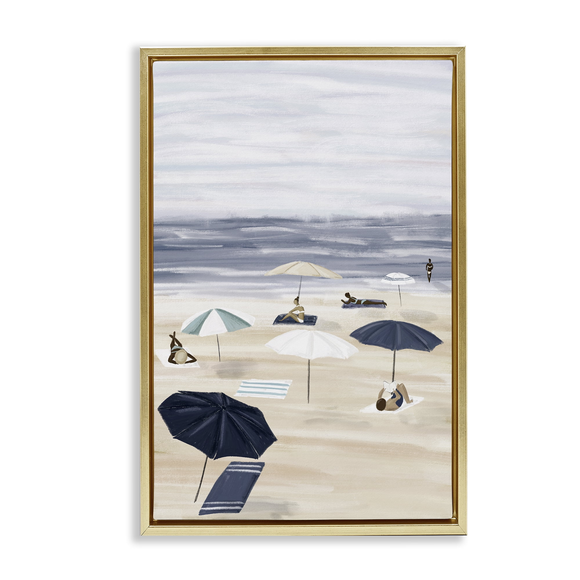 Stupell Industries Beachgoers with Umbrellas Nautical & Beach Painting Gold Floater Framed Canvas Art Print Wall Art, 21 x 31