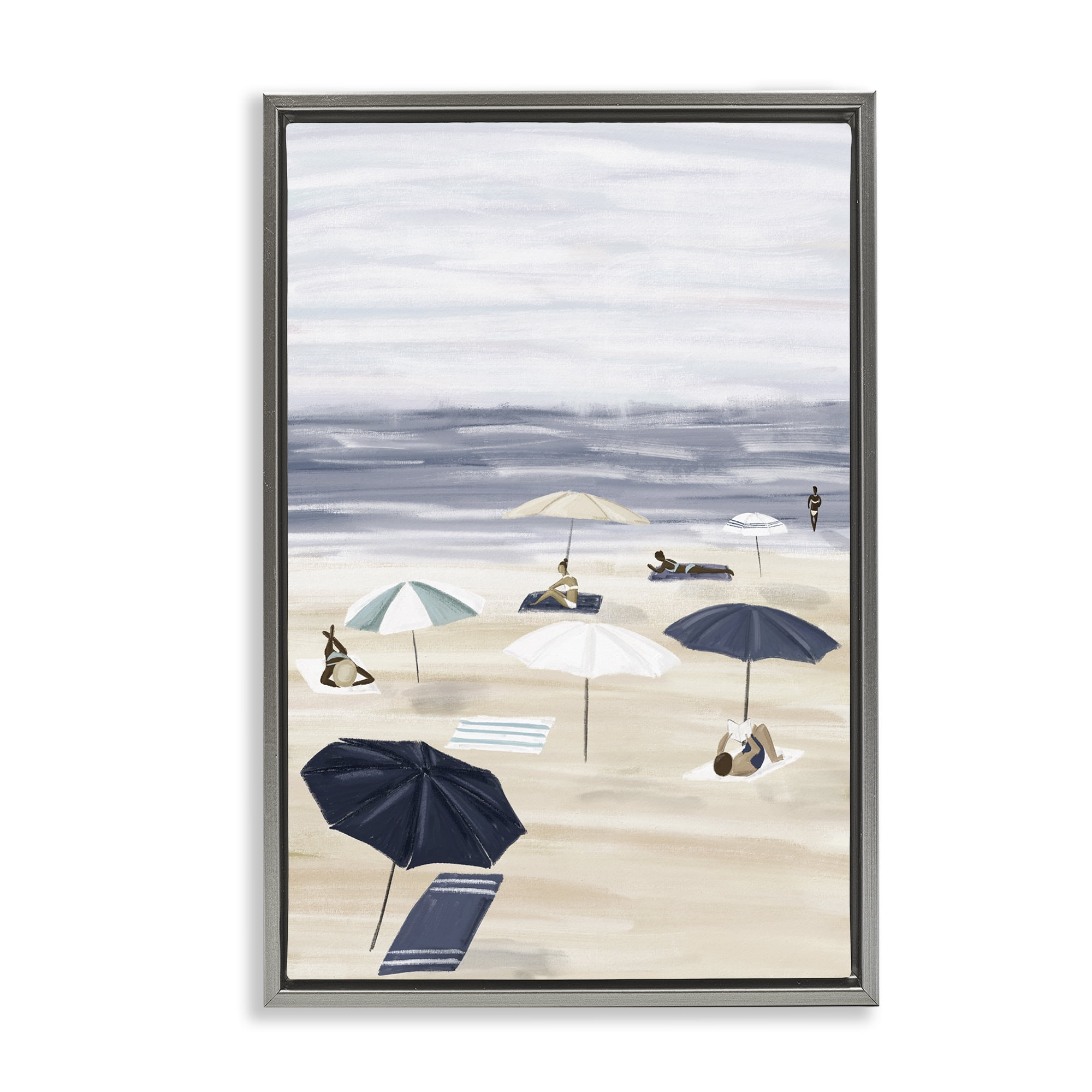 Stupell Industries Beachgoers with Umbrellas Nautical & Beach Painting Gray Floater Framed Canvas Art Print Wall Art, 17 x 25