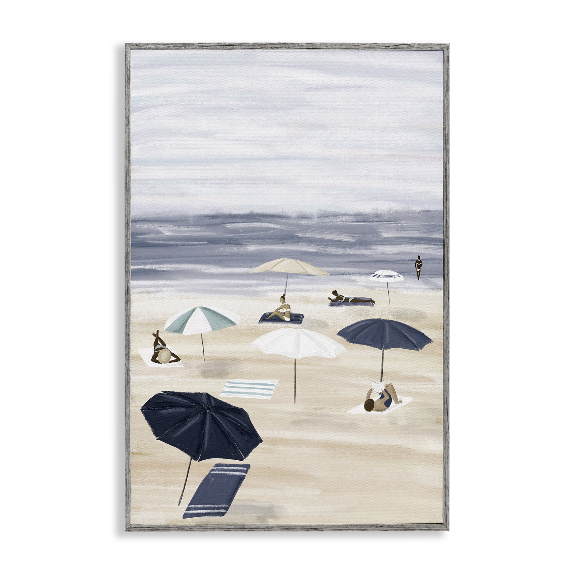 Stupell Industries Beachgoers with Umbrellas Nautical & Beach Painting Gray Framed Art Print Wall Art, 16 x 24