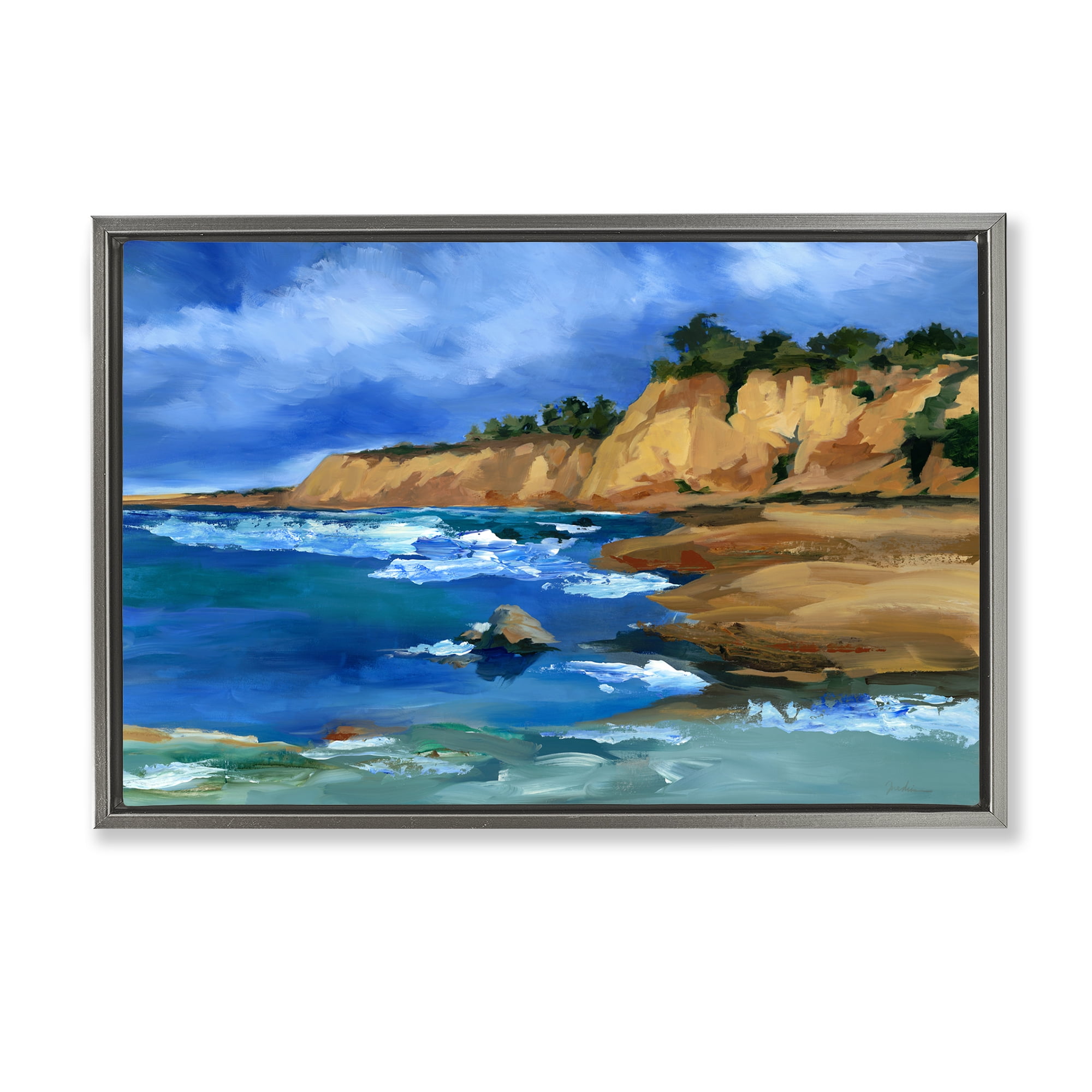 Stupell Industries Beachside Cliffs Landscape Landscape & Nature Painting Gray Floater Framed Canvas Art Print Wall Art, 31 x 21