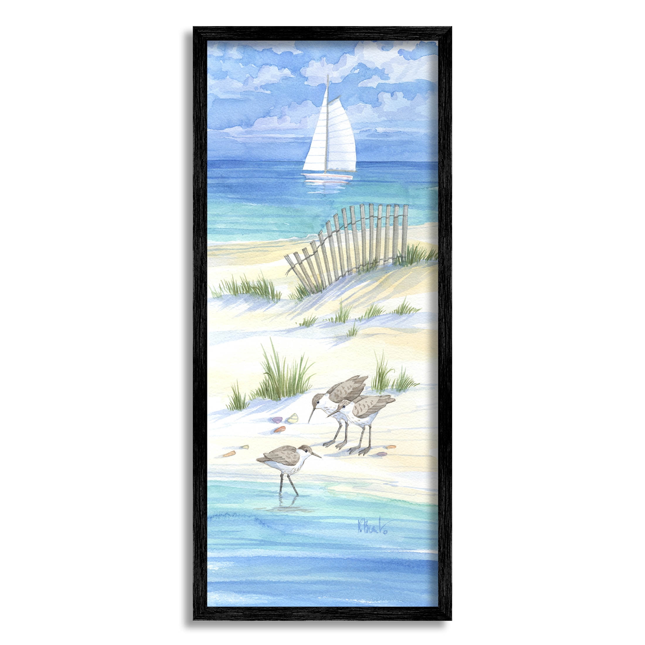Stupell Industries Beachside Coastal Sandpiper Birds Painting Black Framed Art Print Wall Art, Design by Paul Brent