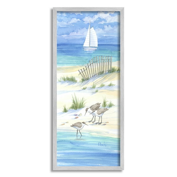 Stupell Industries Beachside Coastal Sandpiper Birds Painting Gray Framed Art Print Wall Art, Design by Paul Brent