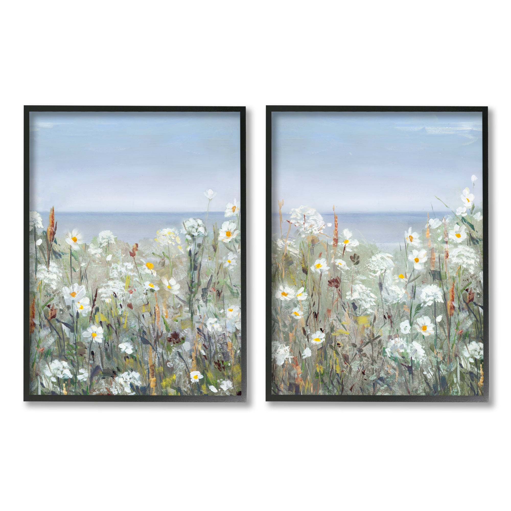 Stupell Industries Beachside Wild Flowers Blooming Distant Ocean Scene Painting Black Framed Art Print Wall Art, Set of 2, Design by Sally Swatland