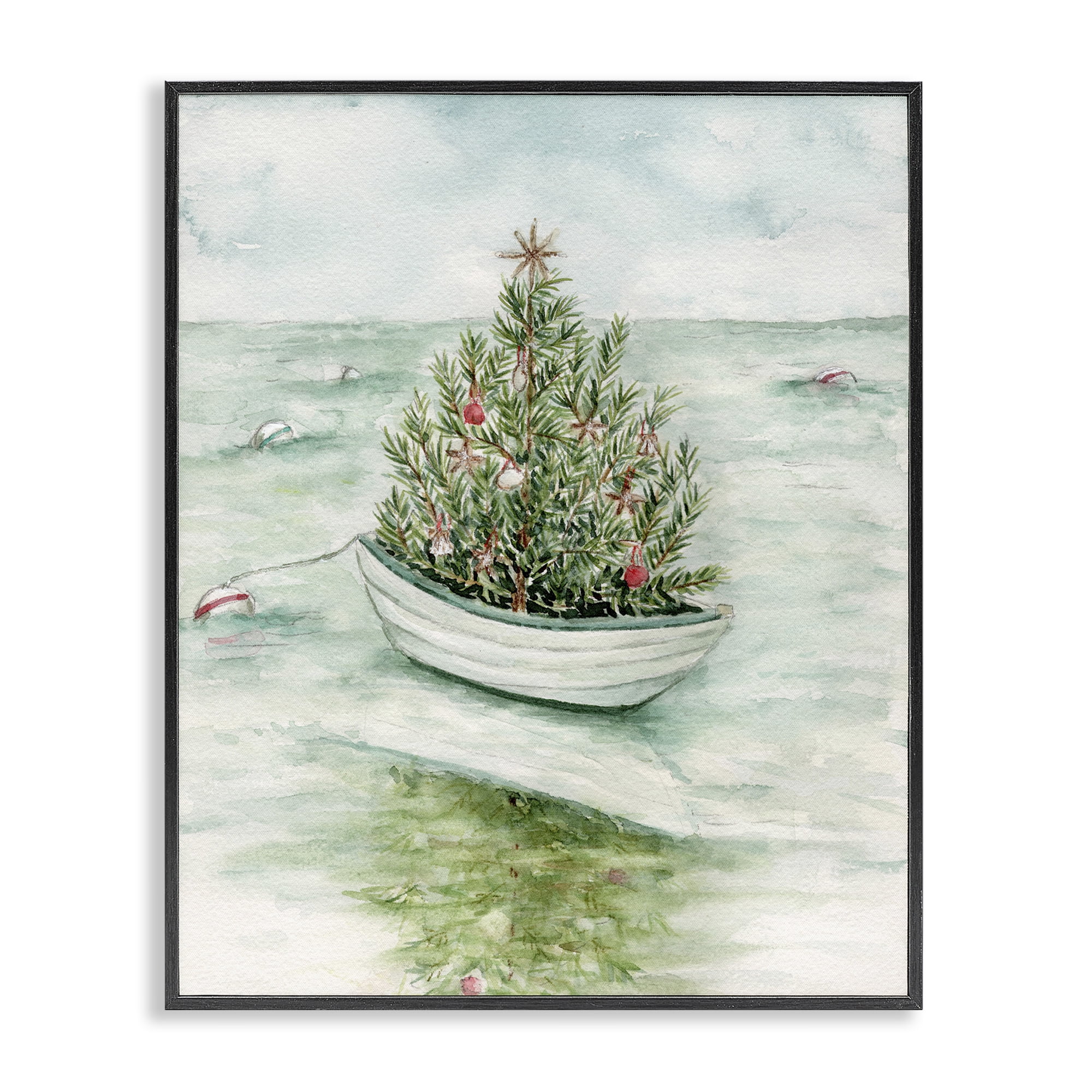 Stupell Industries Beachy Christmas Tree Holiday Painting Black Framed Art Print Wall Art, 16 x 20