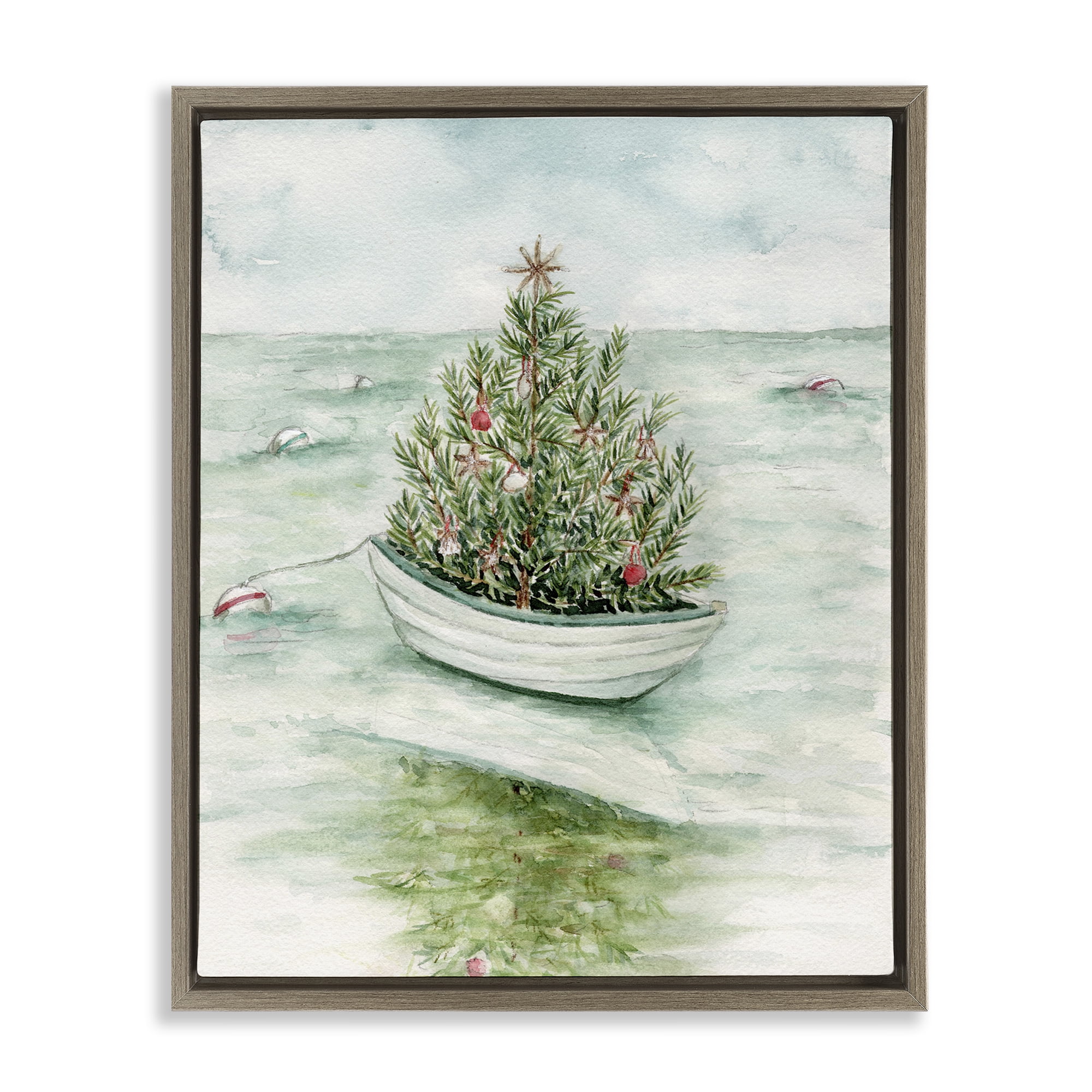 Stupell Industries Beachy Christmas Tree Holiday Painting Brown Floater Framed Art Print Wall Art, 17 x 21