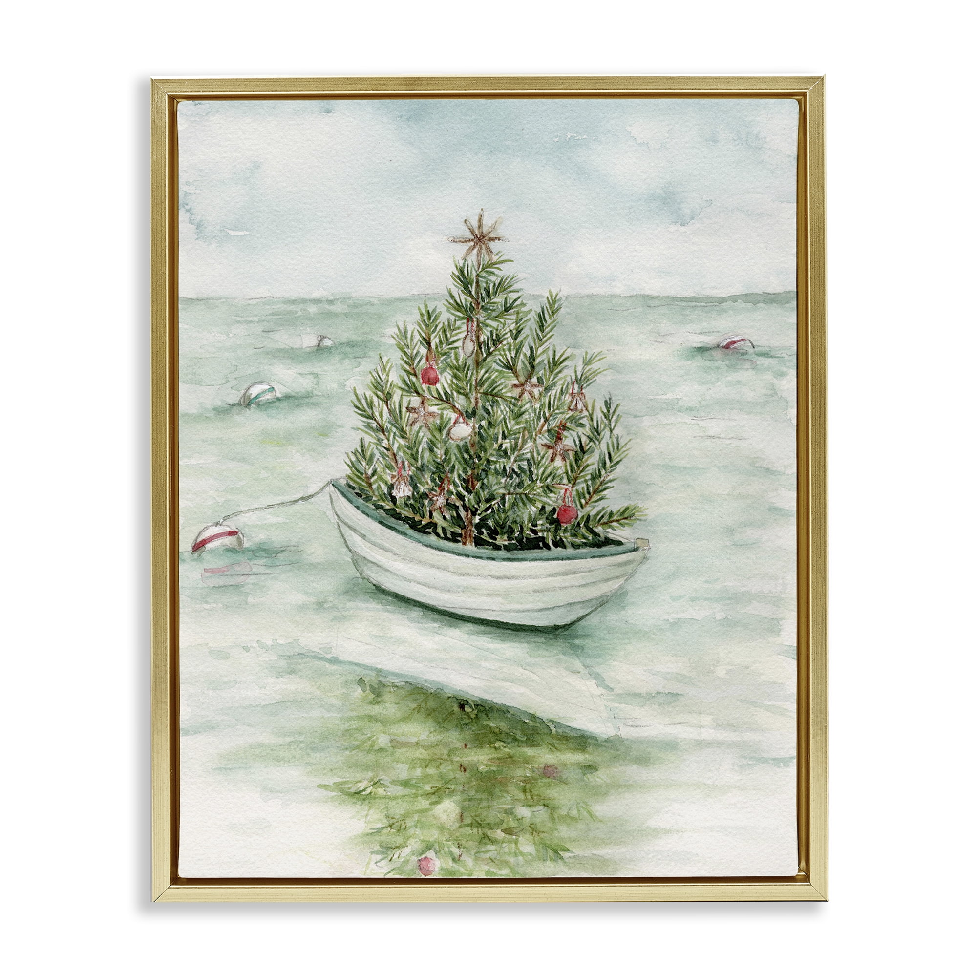 Stupell Industries Beachy Christmas Tree Holiday Painting Gold Floater Framed Art Print Wall Art, 17 x 21