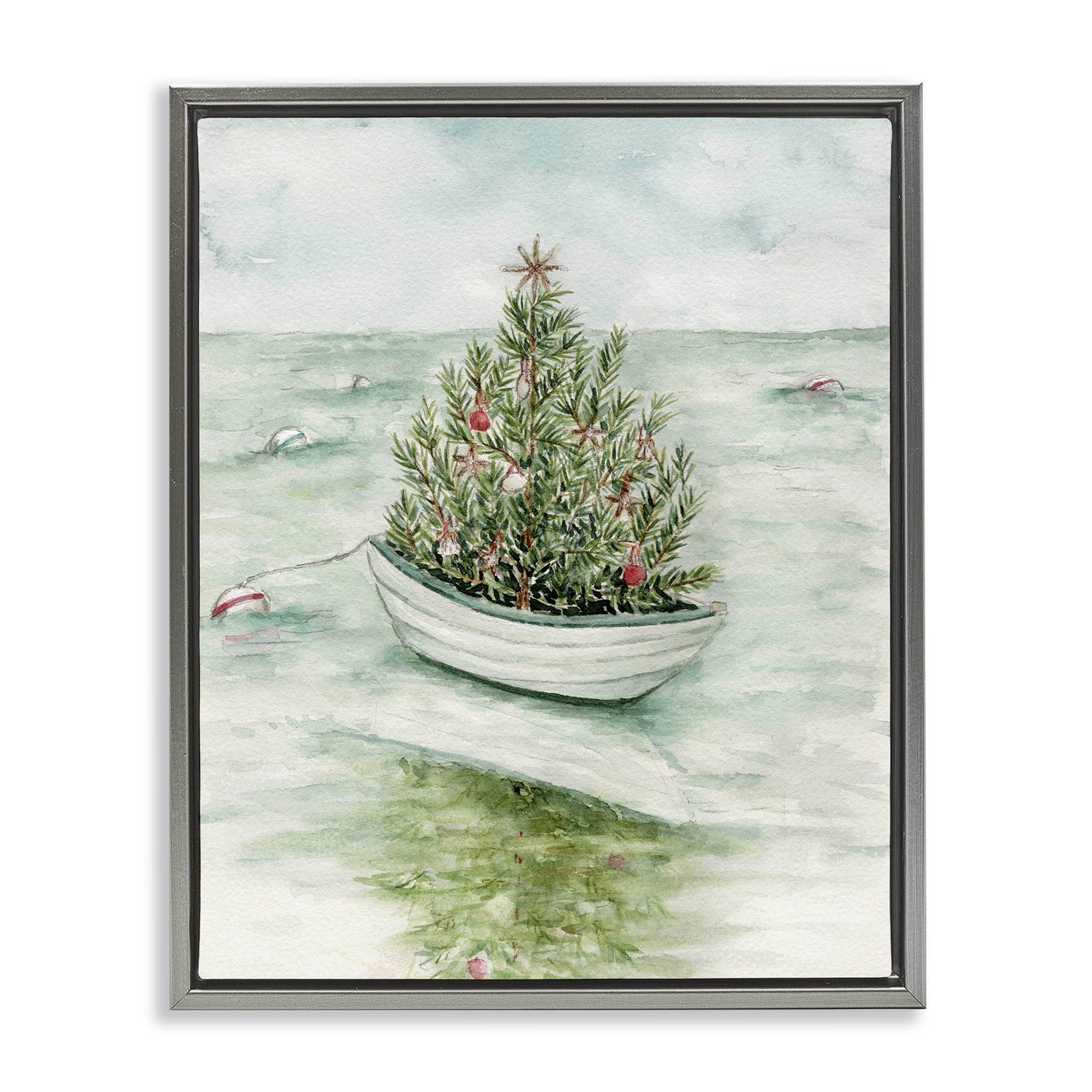 Stupell Industries Beachy Christmas Tree Holiday Painting Gray Floater Framed Art Print Wall Art, 17 x 21