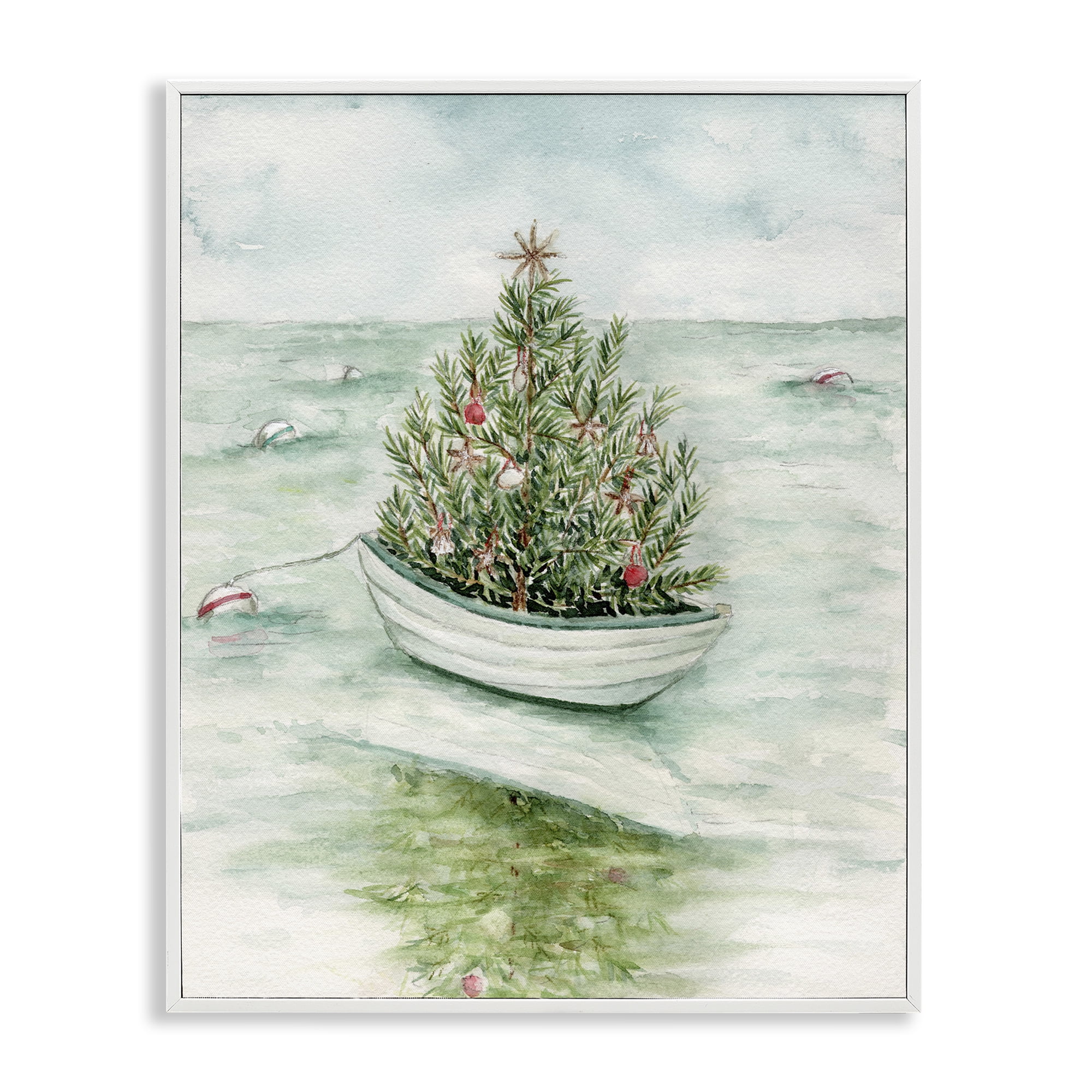 Stupell Industries Beachy Christmas Tree Holiday Painting White Framed Art Print Wall Art, 11 x 14