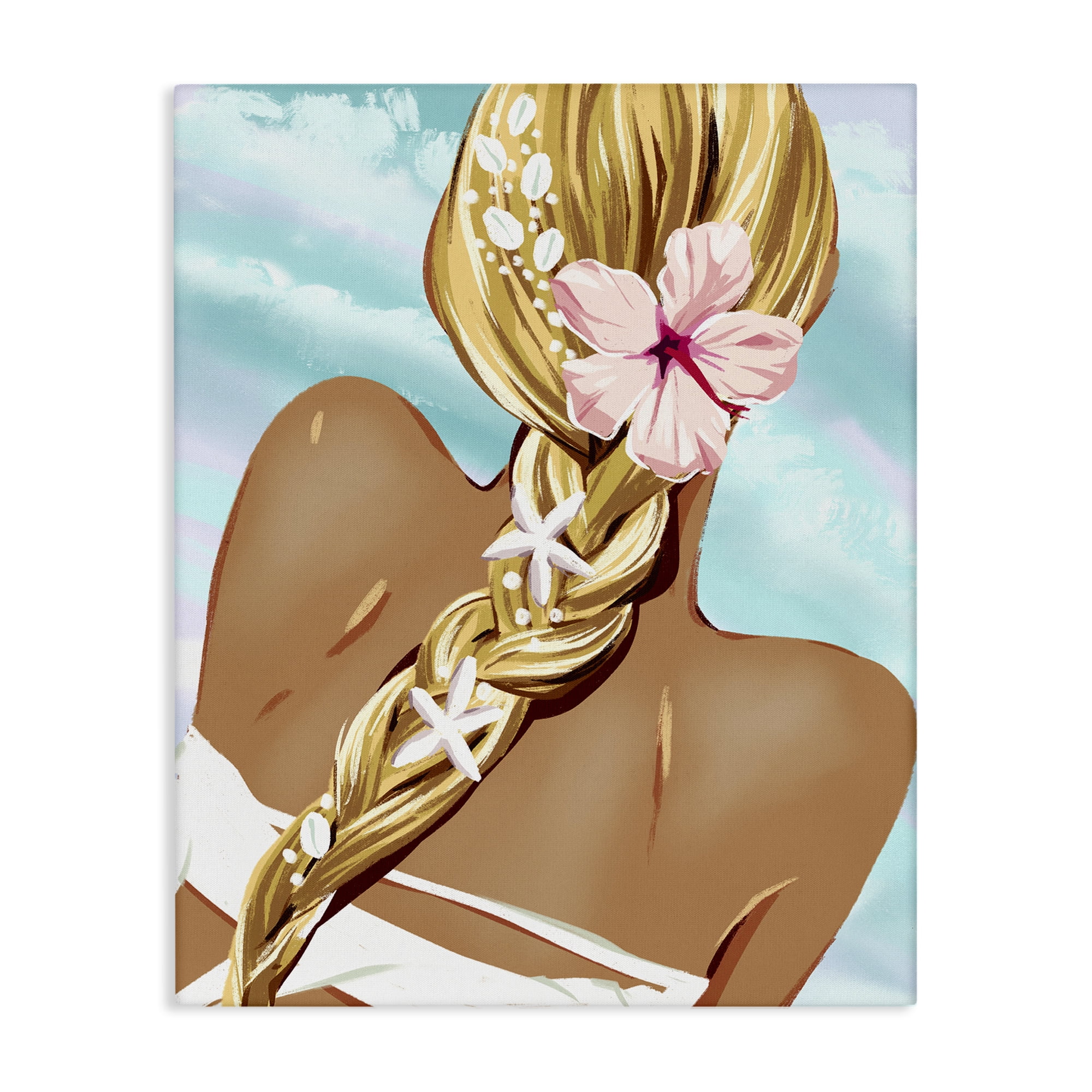 Stupell Industries Beachy Girl with Florals Novelty Painting Gallery Wrapped Canvas Art Print Wall Art, 36 x 48