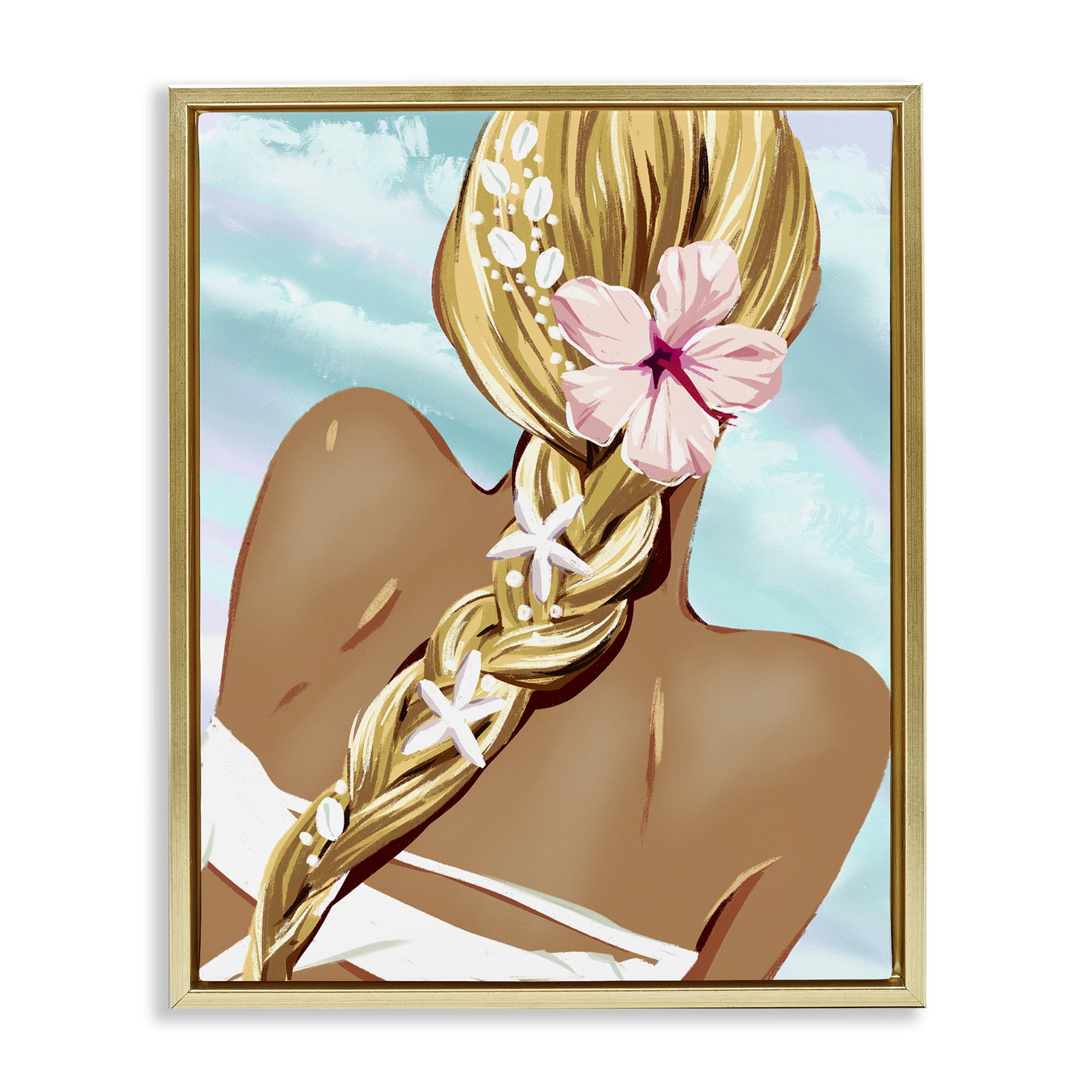 Stupell Industries Beachy Girl with Florals Novelty Painting Gold Floater Framed Art Print Wall Art, 25 x 31