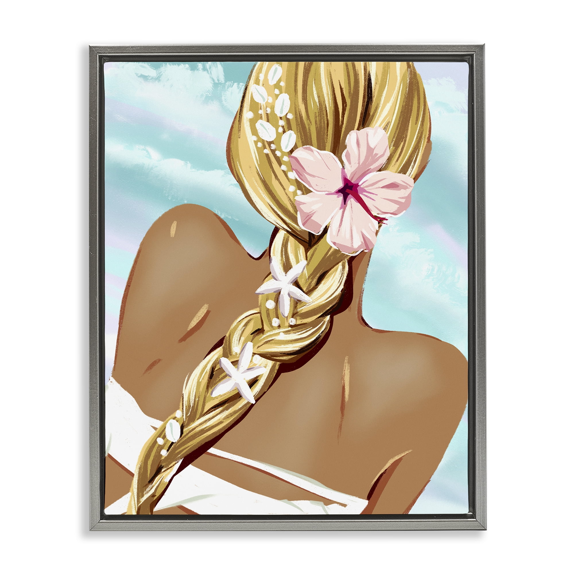 Stupell Industries Beachy Girl with Florals Novelty Painting Gray Floater Framed Art Print Wall Art, 17 x 21