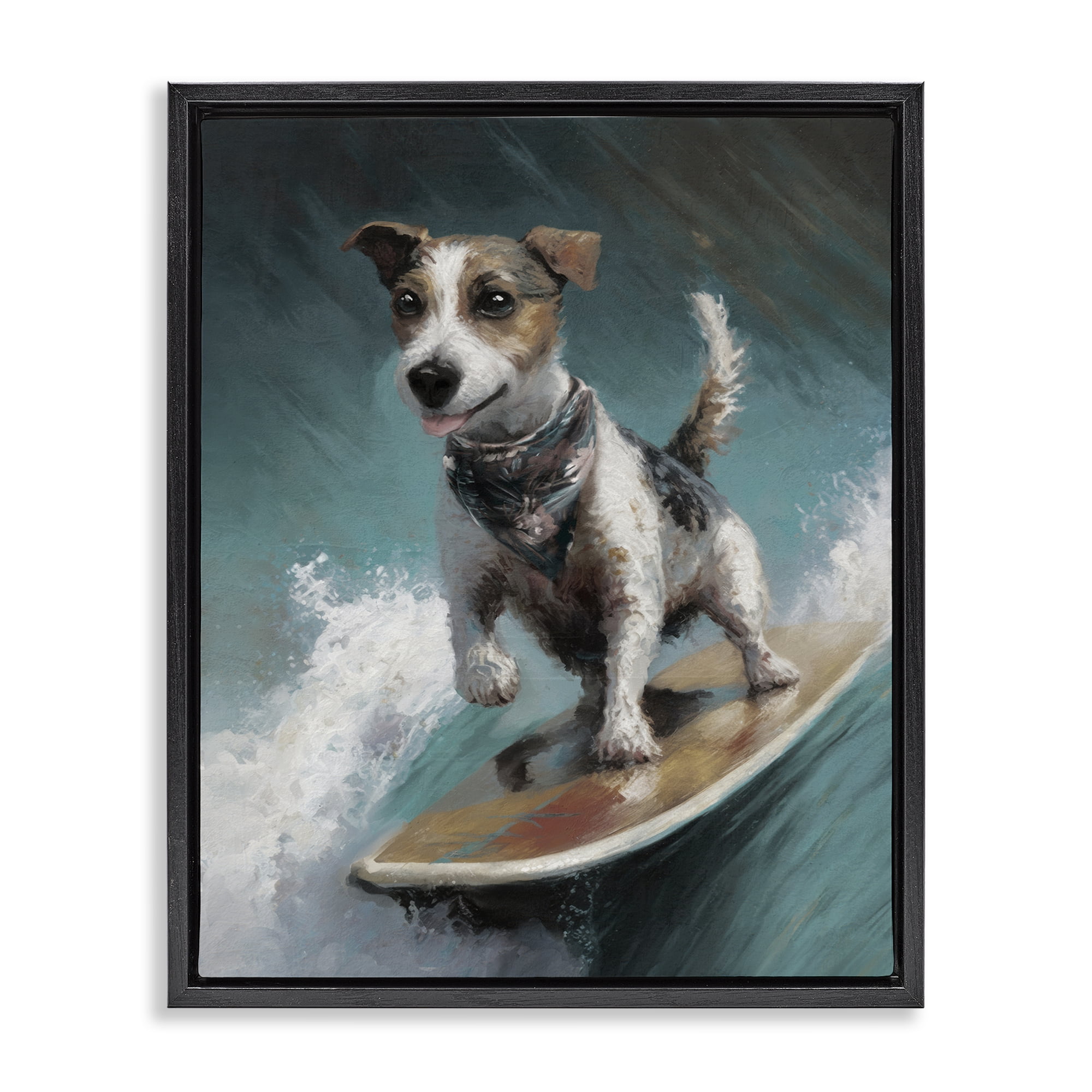 Stupell Industries Beachy Surfer Dog Animals Painting Black Floater Framed Canvas Art Print Wall Art, 25 x 31