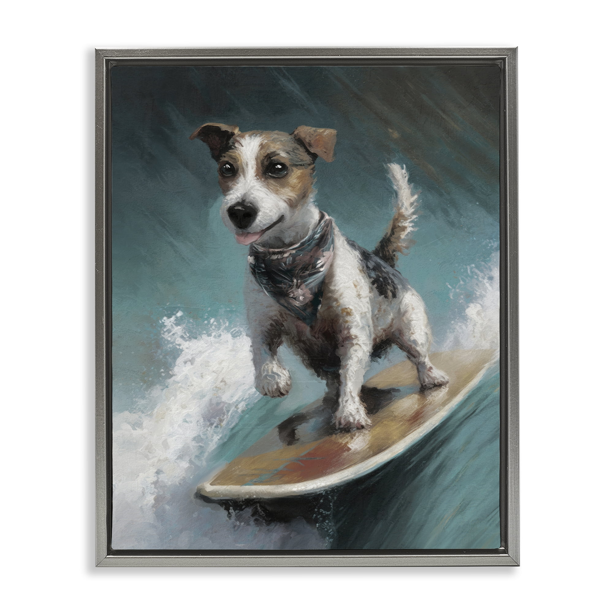 Stupell Industries Beachy Surfer Dog Animals Painting Gray Floater Framed Canvas Art Print Wall Art, 25 x 31