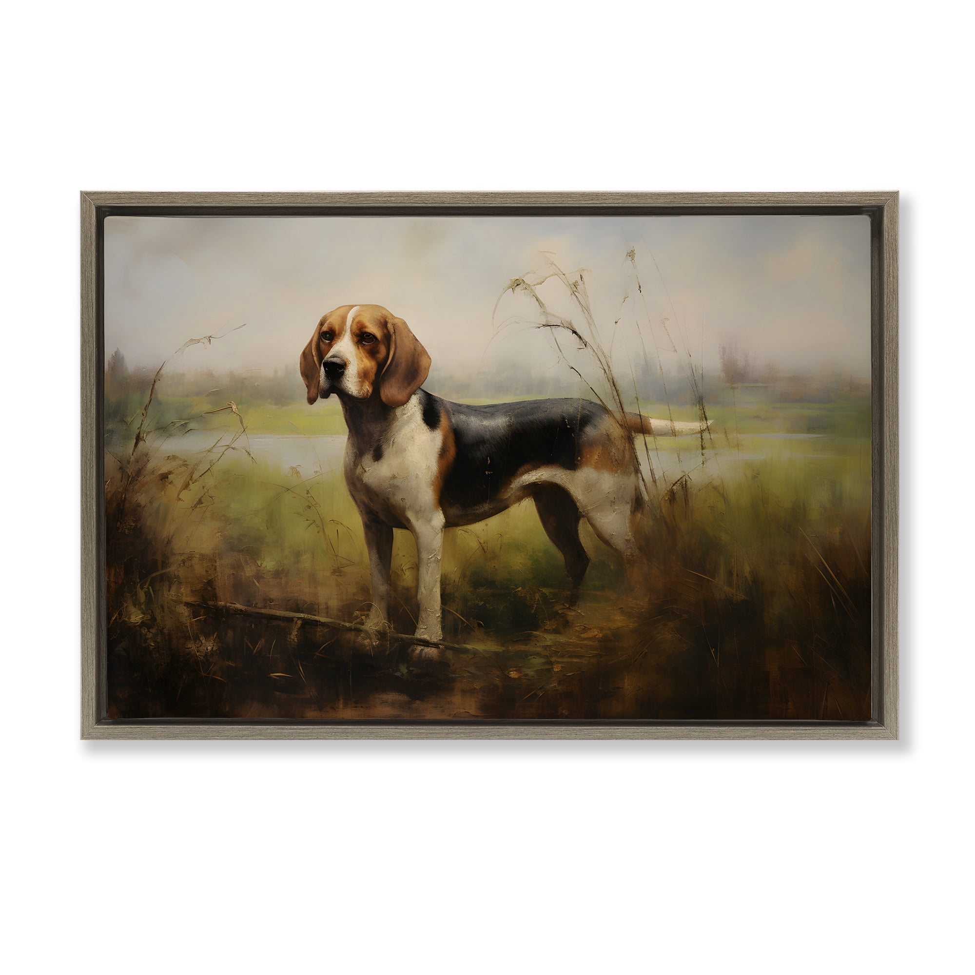 Stupell Industries Beagle Dog Rural Field Landscape Painting Brown Floater Framed Canvas Art Print Wall Art, 31 x 21