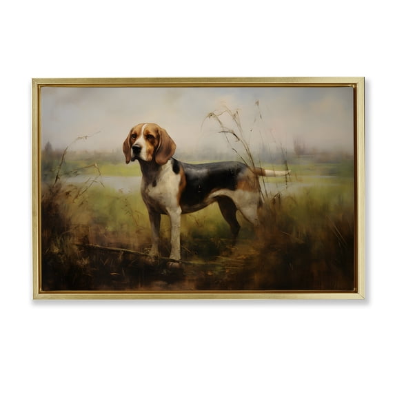 Stupell Industries Beagle Dog Rural Field Landscape Painting Gold Floater Framed Canvas Art Print Wall Art, 25 x 17