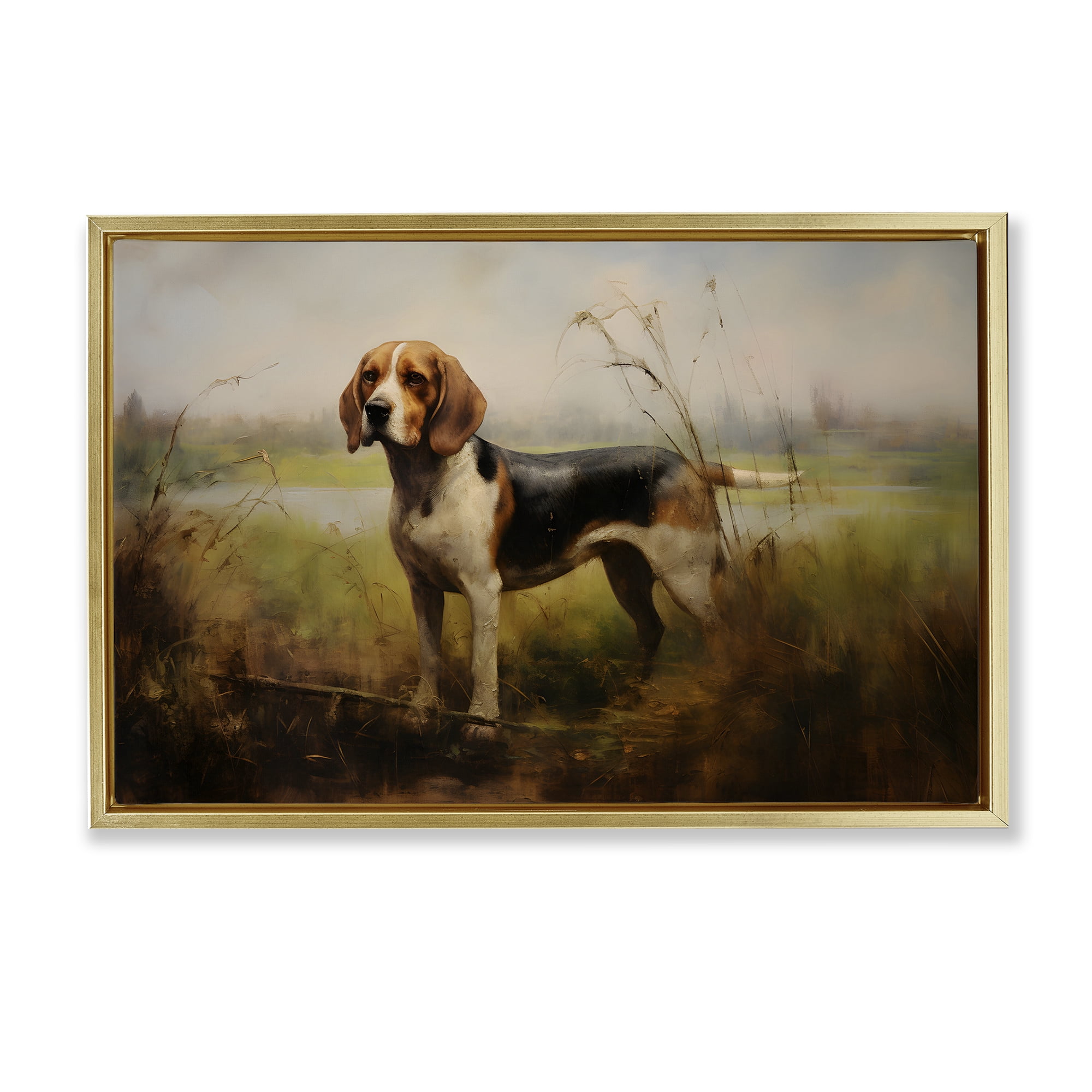 Stupell Industries Beagle Dog Rural Field Landscape Painting Gold Floater Framed Canvas Art Print Wall Art, 31 x 21