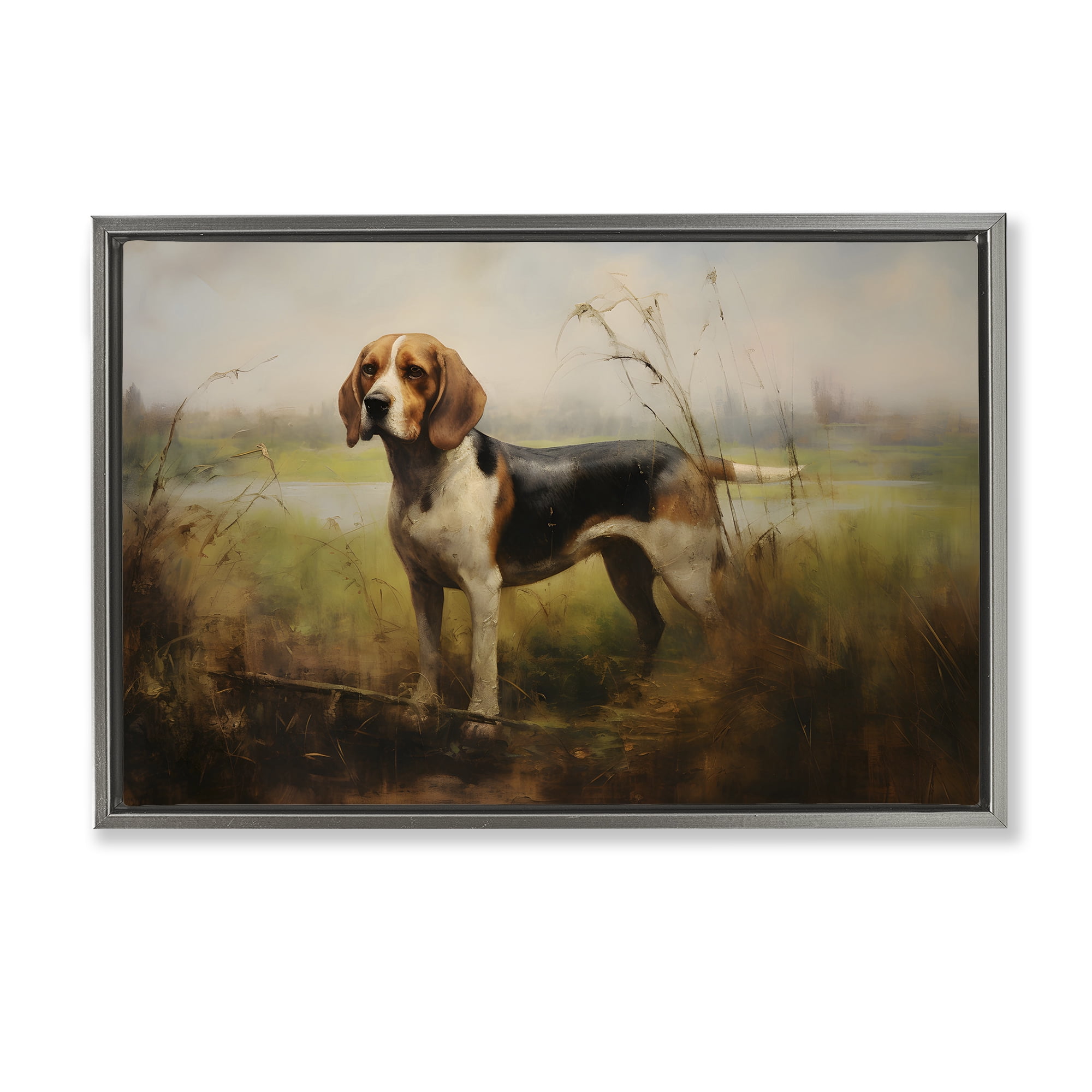 Stupell Industries Beagle Dog Rural Field Landscape Painting Gray Floater Framed Canvas Art Print Wall Art, 25 x 17