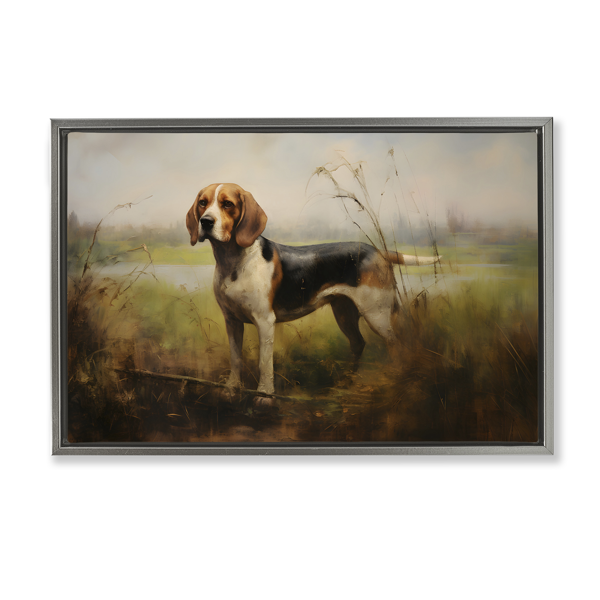 Stupell Industries Beagle Dog Rural Field Landscape Painting Gray Floater Framed Canvas Art Print Wall Art, 31 x 21