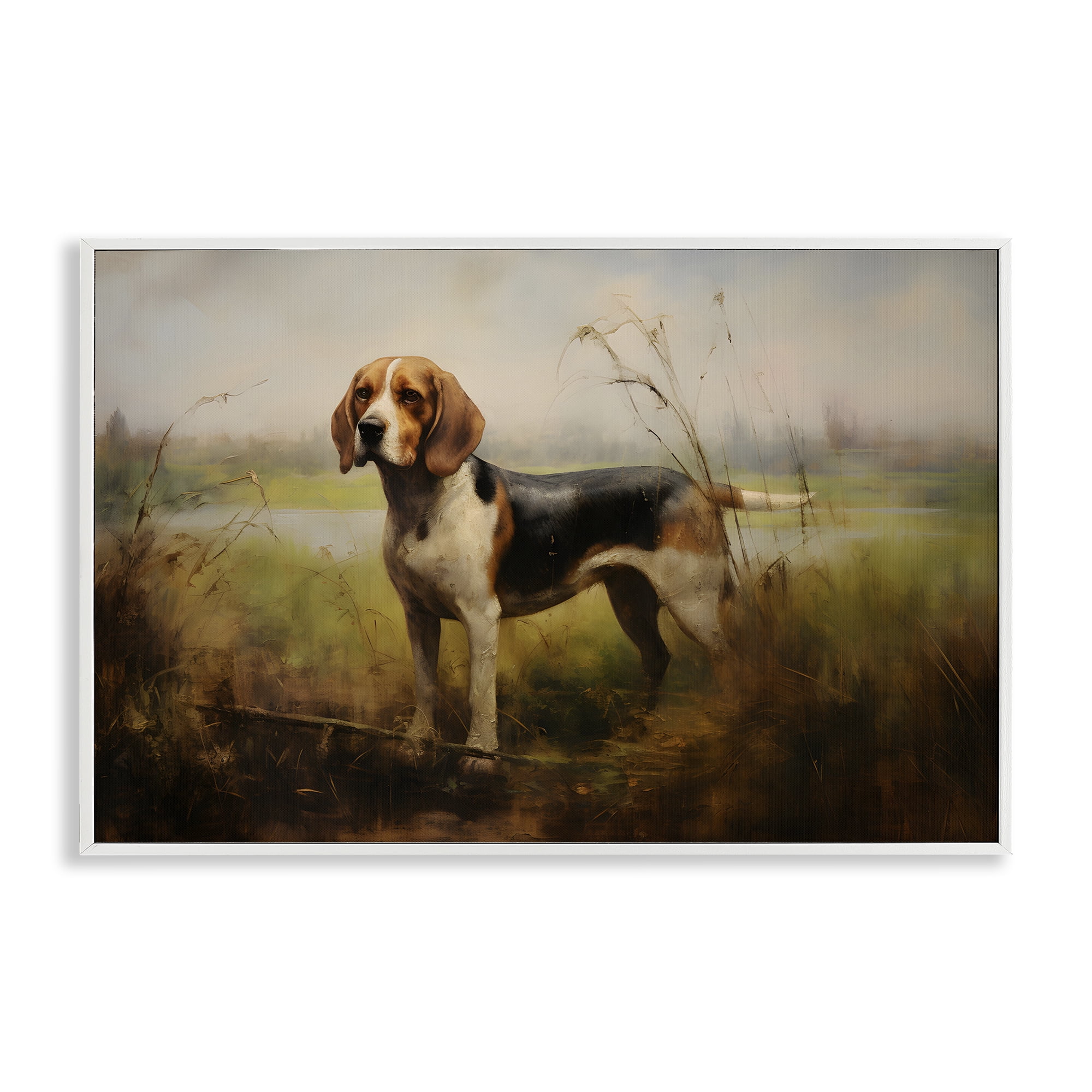 Stupell Industries Beagle Dog Rural Field Landscape Painting White Framed Art Print Wall Art, 30 x 20