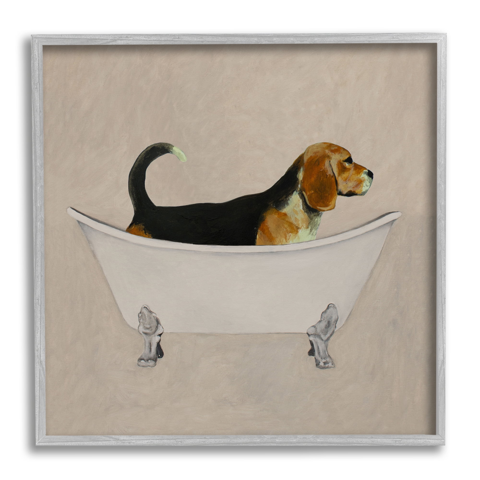 Stupell Industries Beagle In Tub Bathroom Pet Animals & Insects Painting Gray Framed Art Print Wall Art