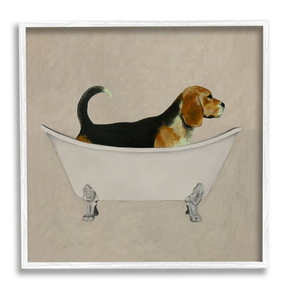 Stupell Industries Beagle In Tub Bathroom Pet Animals & Insects Painting White Framed Art Print Wall Art