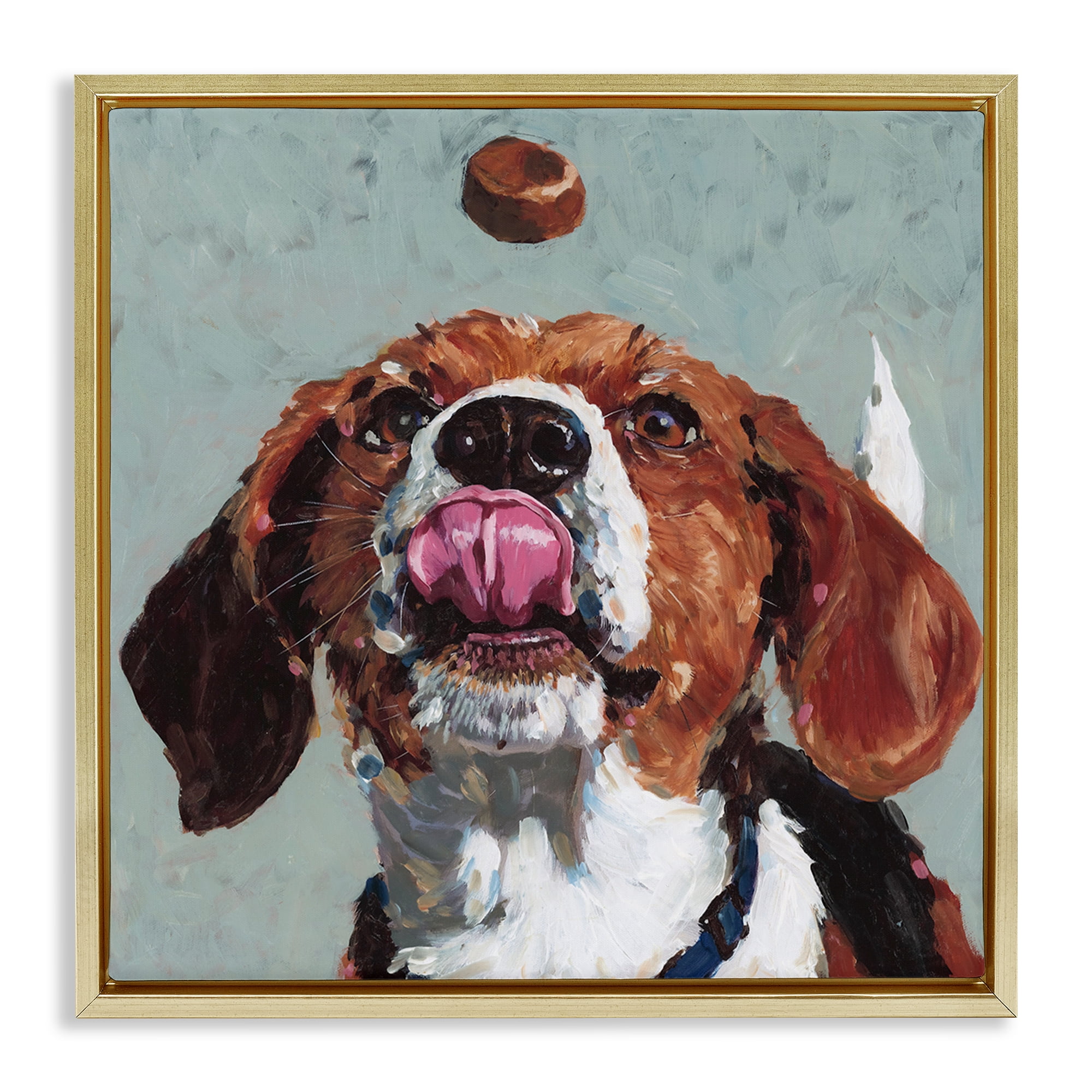 Stupell Industries Beagle Treat Excitement Gold Framed Floater Canvas Wall Art, design by Studio Bautista